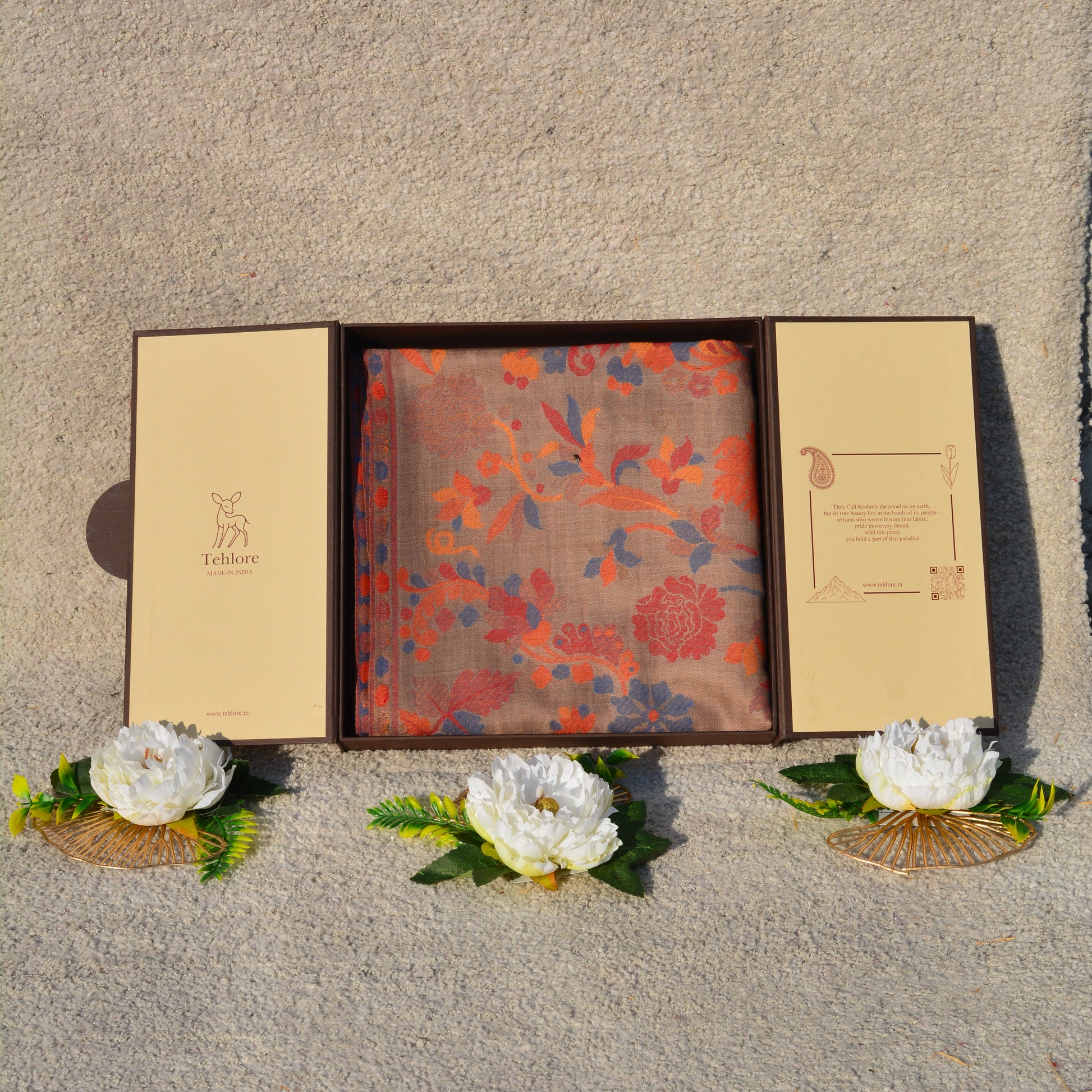 Beige Fine Wool Shawl - Elegant Floral Design Winter Wrap | Tehlore India box