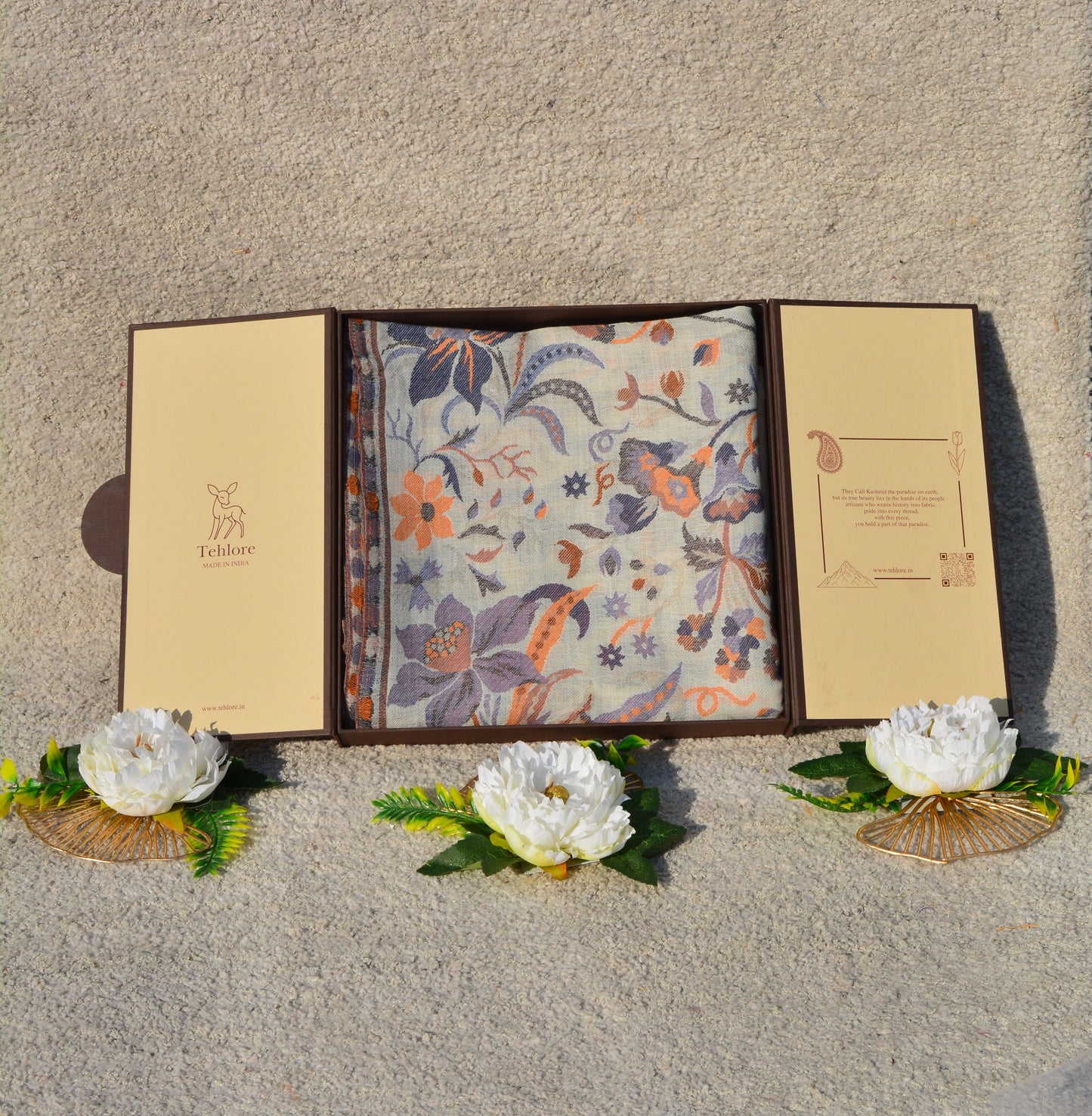 Designer White Shawl - Fine Wool with Multicolor Floral Pattern