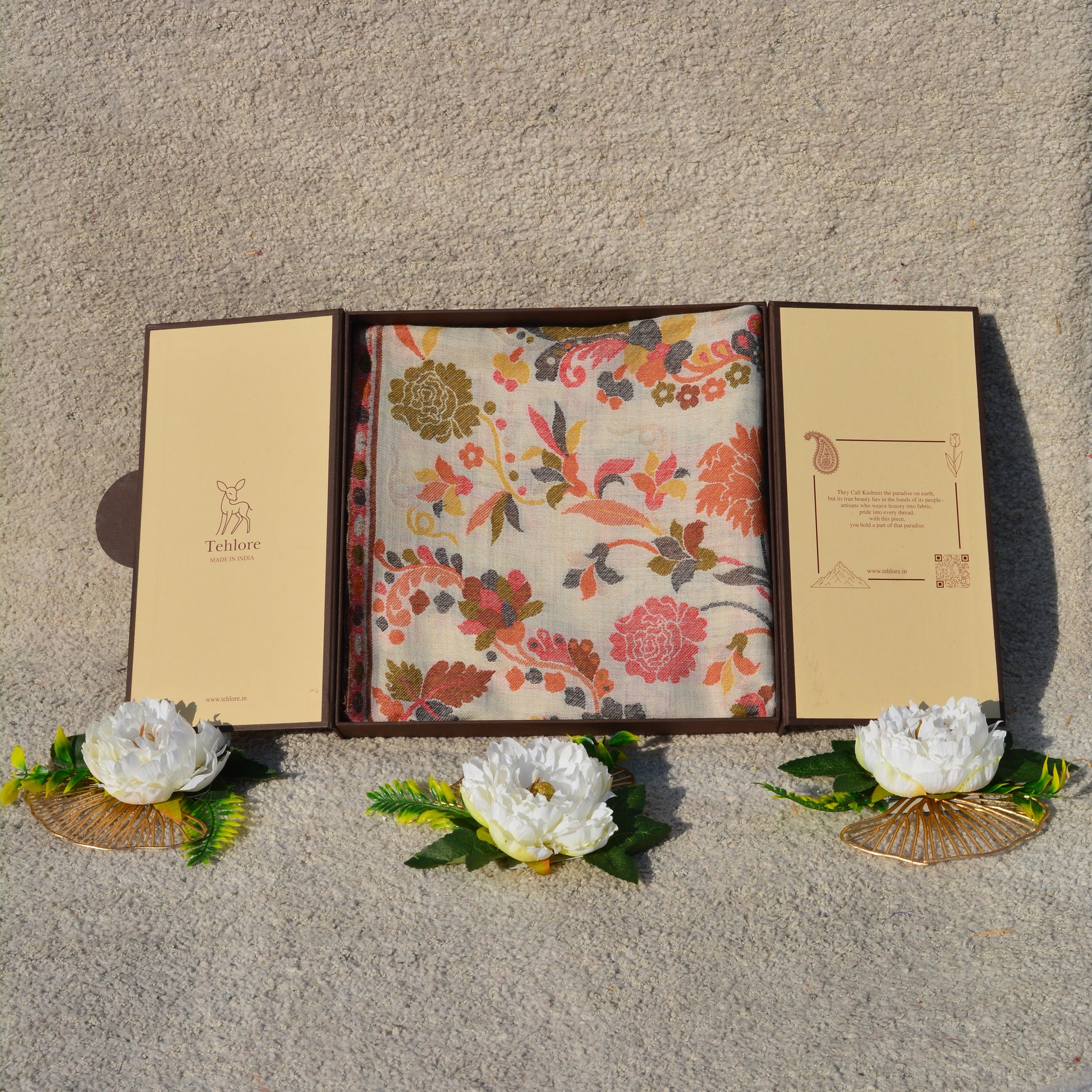 White Fine Wool Stole with Floral Design - Elegant Winter Scarf | Tehlore India