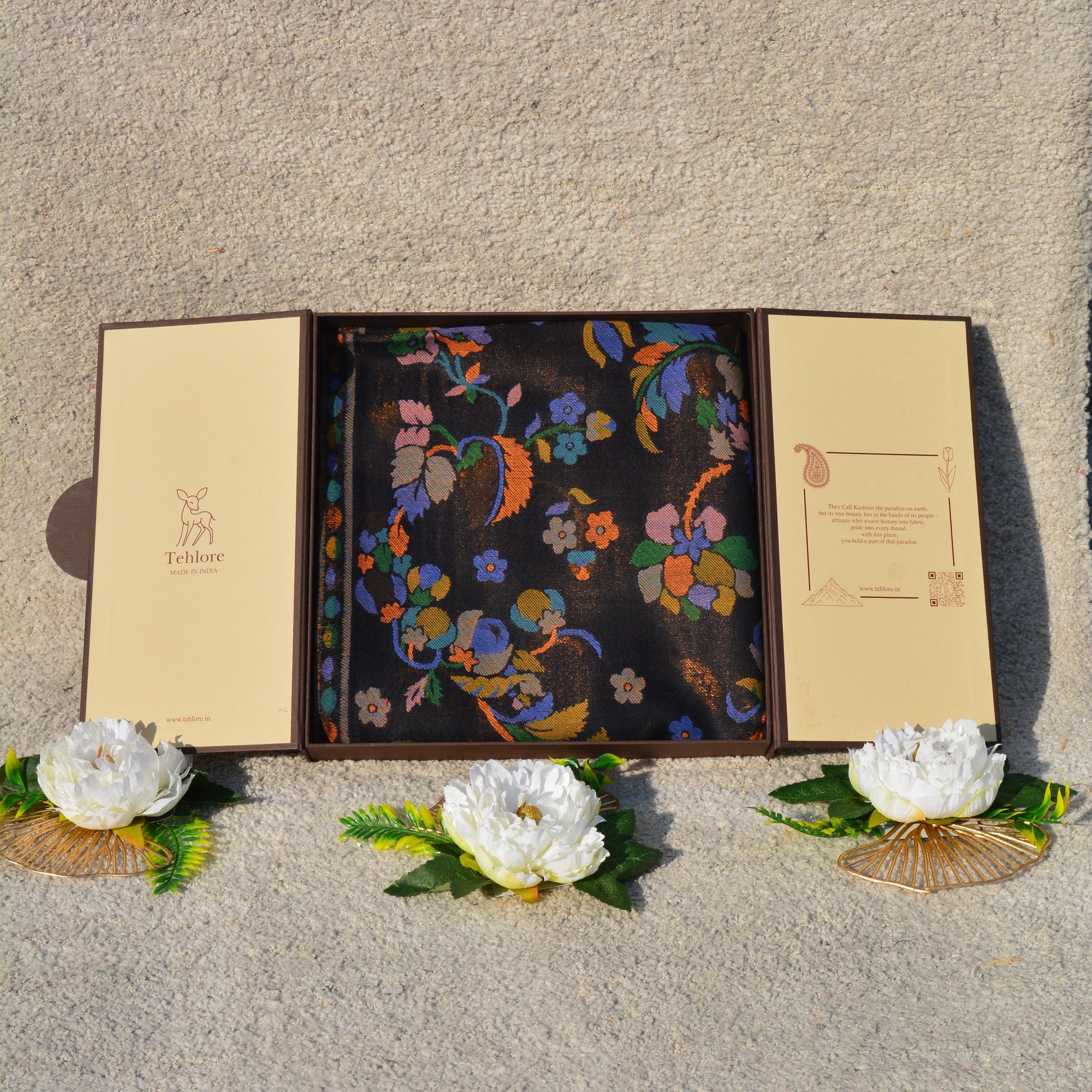 Black Floral Fine Wool Stole - Stylish Winter Scarf for Women | Tehlore India