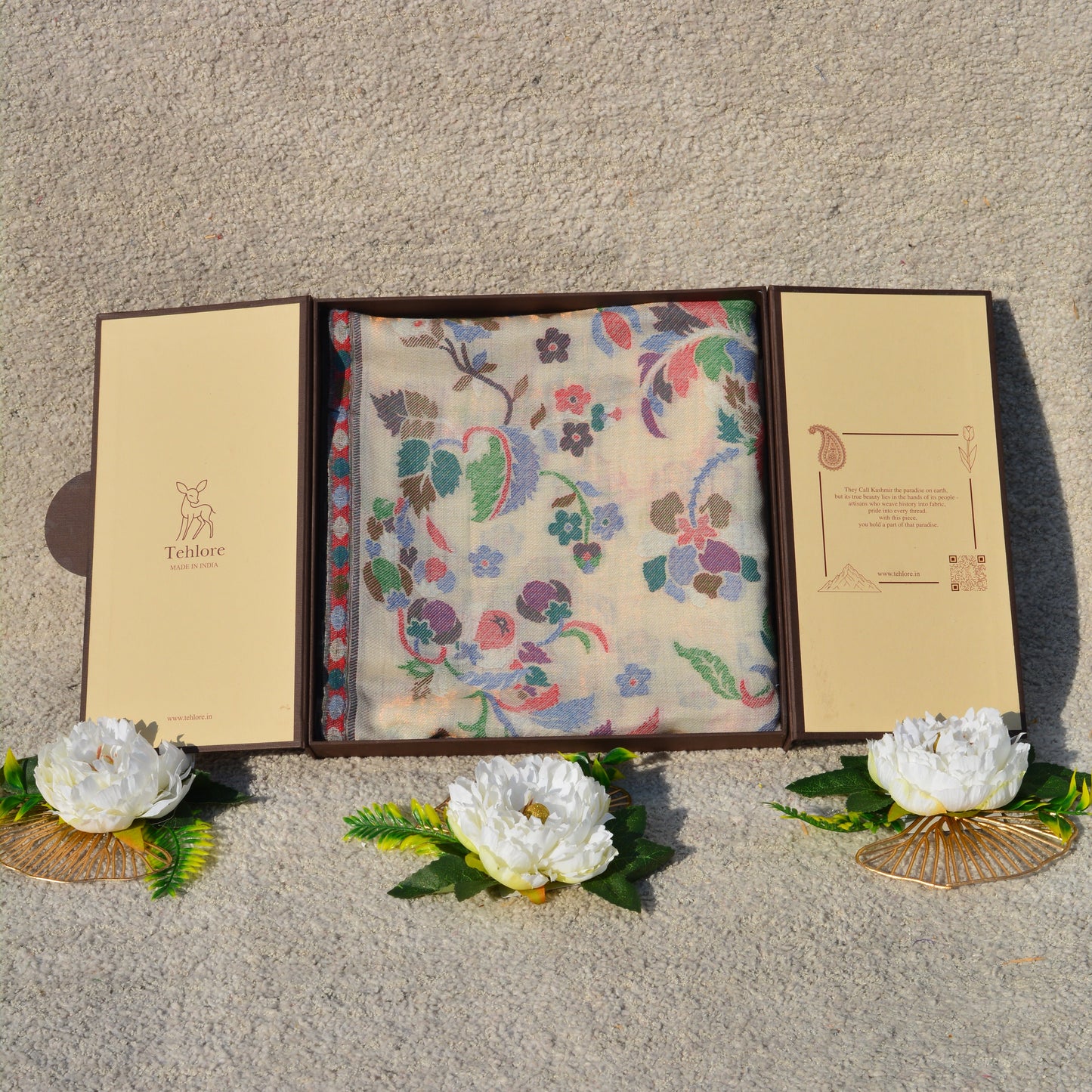 White Floral Wool Shawl - Premium Fine Wool Wrap for Women | Tehlore India