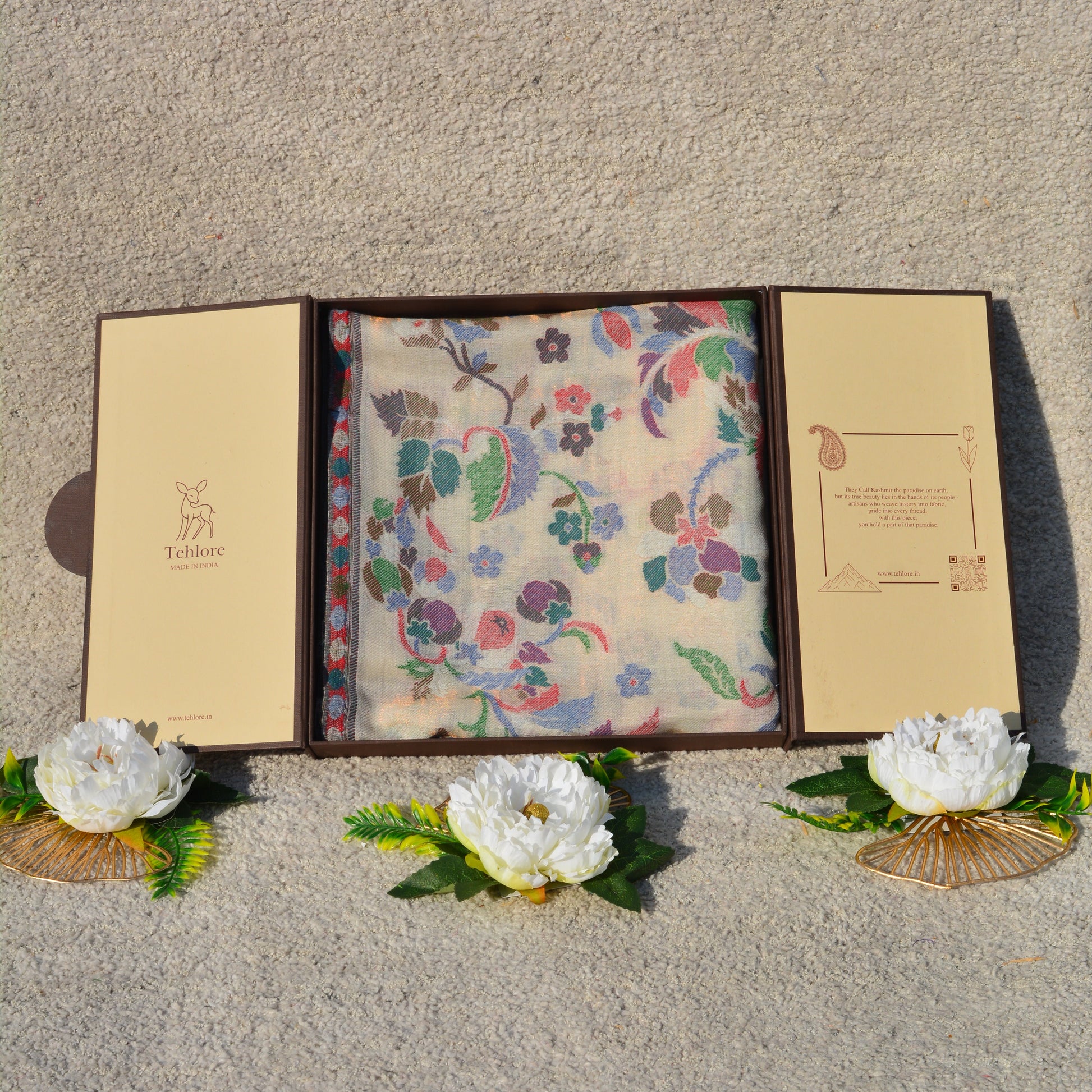 White Floral Wool Shawl - Premium Fine Wool Wrap for Women | Tehlore India