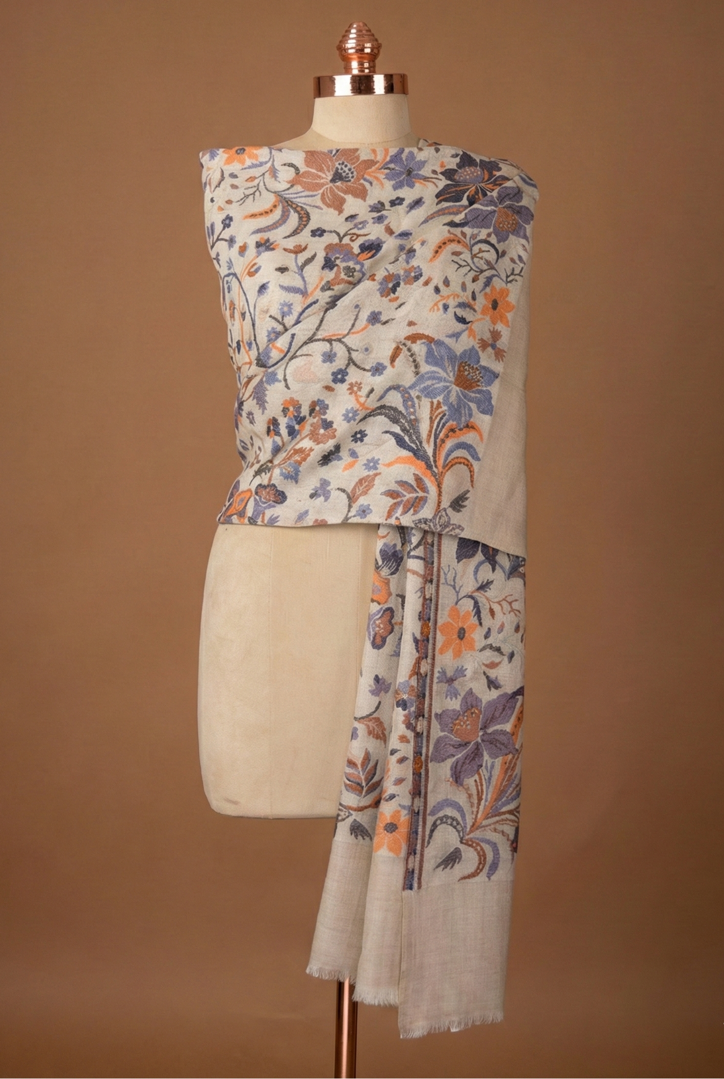 White Floral Wool Shawl - Premium Fine Wool Wrap for Women | Tehlore India