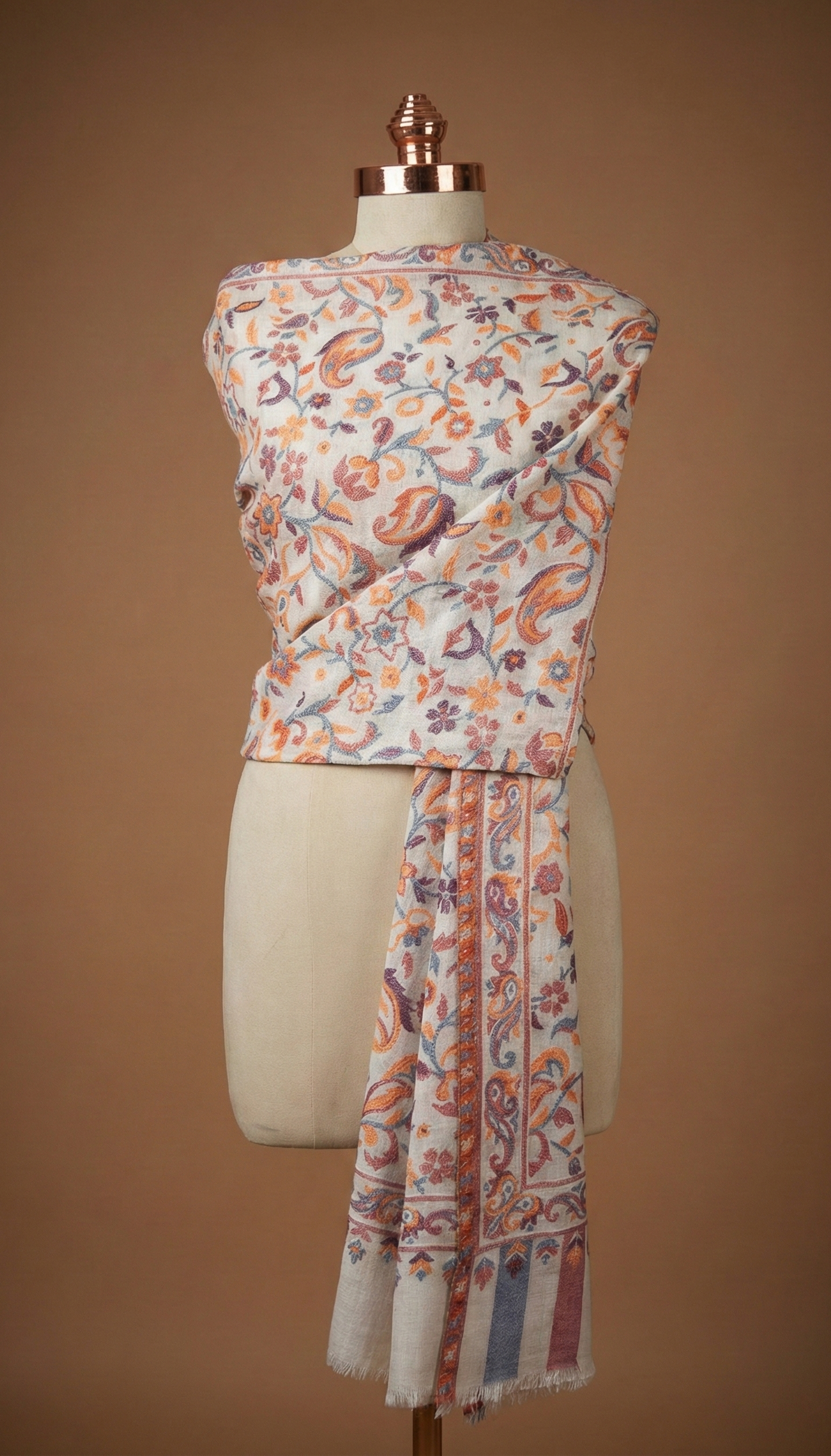 Cream / Off White Kani Wool Shawl - Multicolor Woven Wrap | Tehlore India