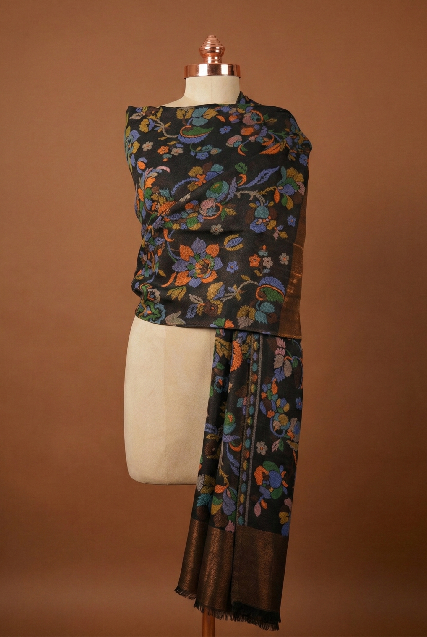 Black Floral Fine Wool Stole - Stylish Winter Scarf for Women | Tehlore India