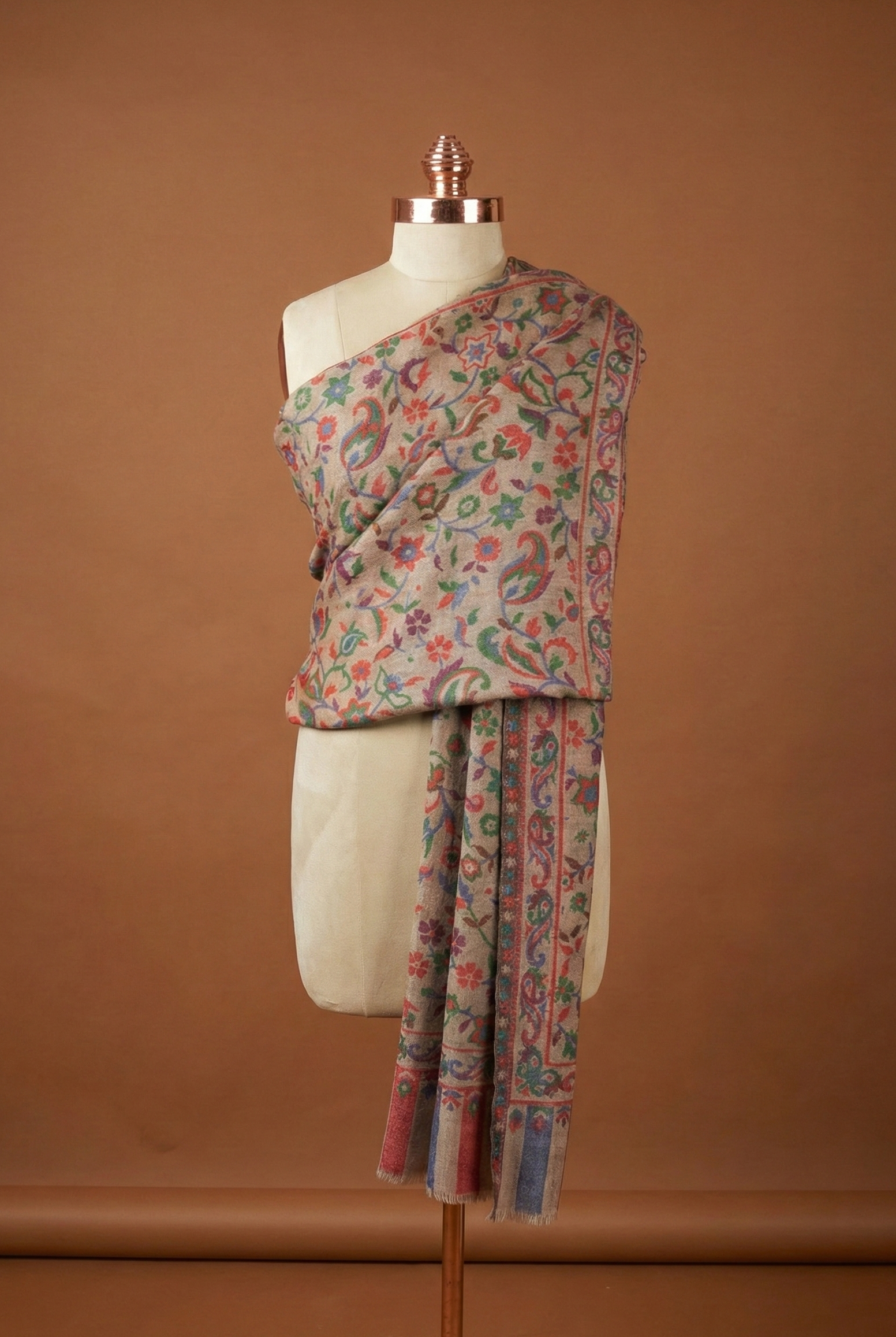 Beige Kashmiri Kani Shawl - Fine Wool Winter Wrap for Women