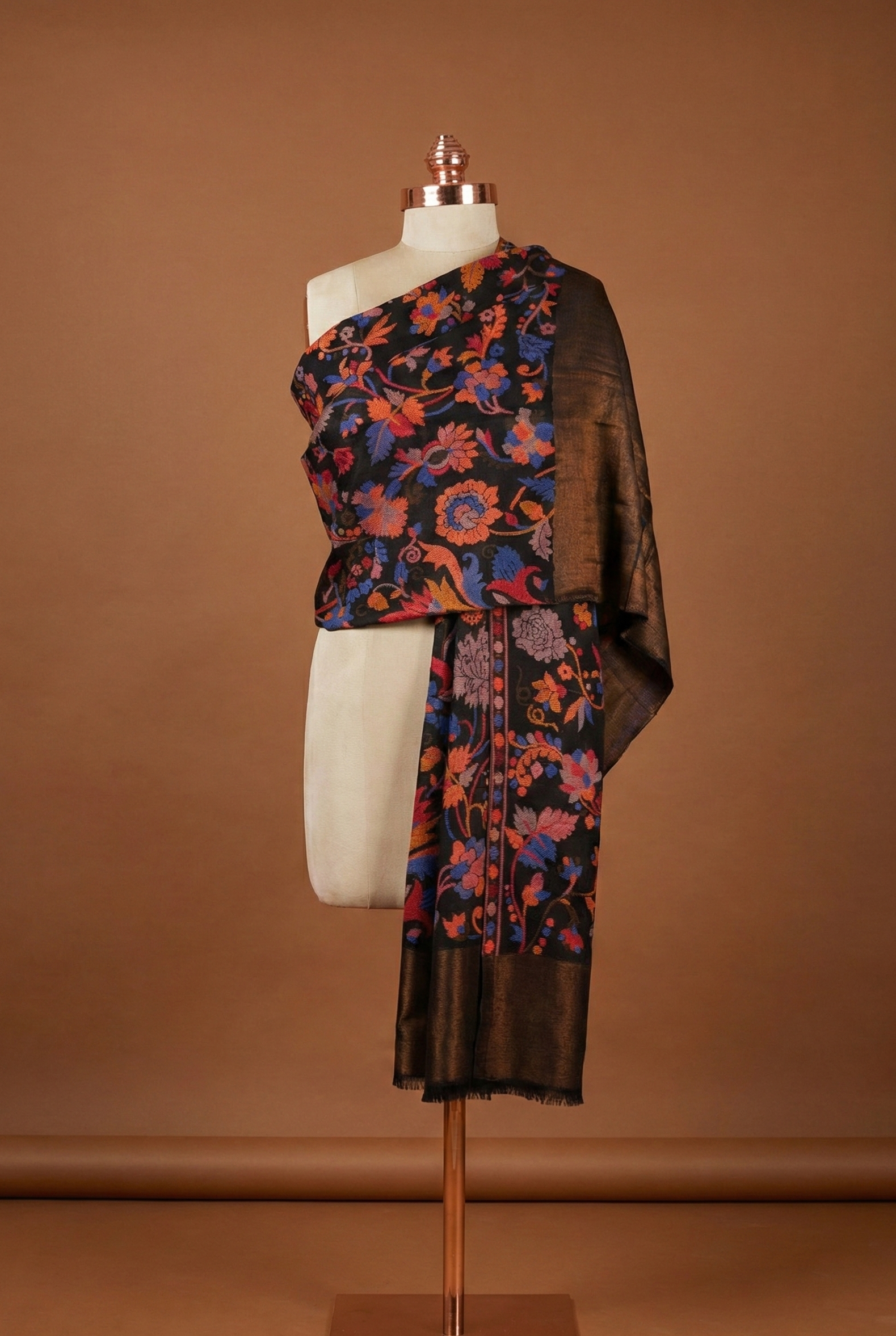 Black Kashmiri Kani Shawl - Fine Wool Winter Wrap for Women with Zari by Tehlore India