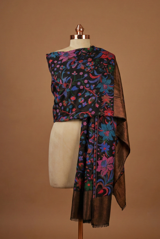 Black Fine Wool Shawl with Floral Design - Elegant Winter Wrap | Tehlore India