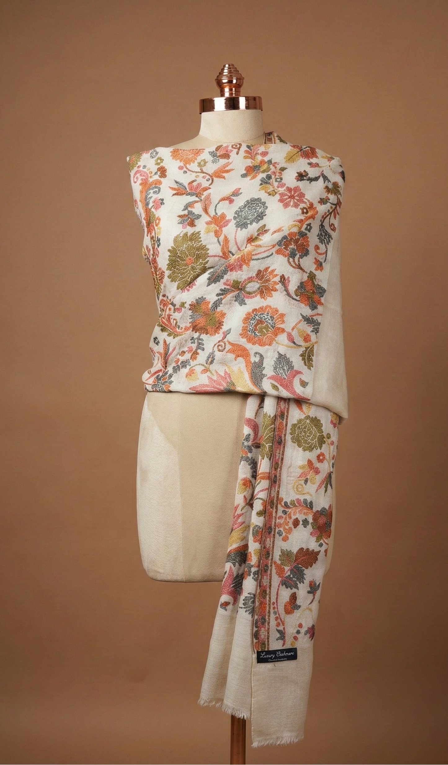 White Fine Wool Stole with Floral Design - Elegant Winter Scarf | Tehlore India