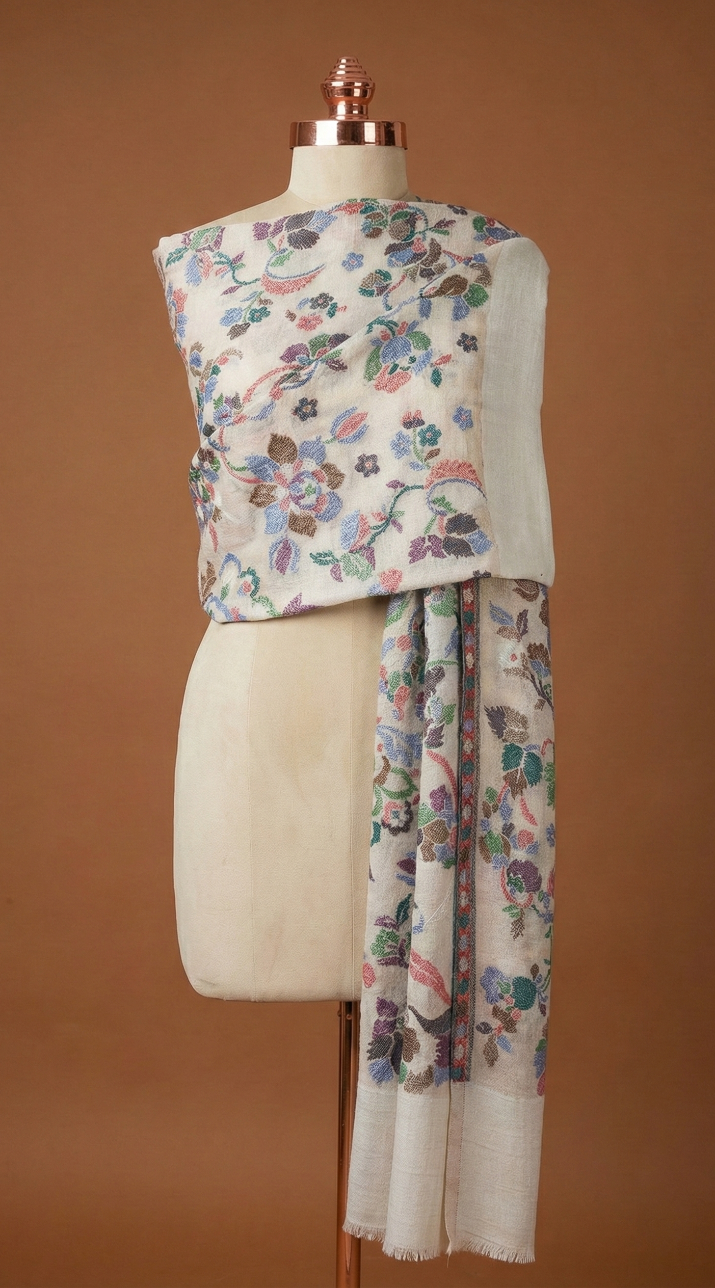 Designer White Shawl - Fine Wool with Multicolor Floral Pattern | Tehlore India