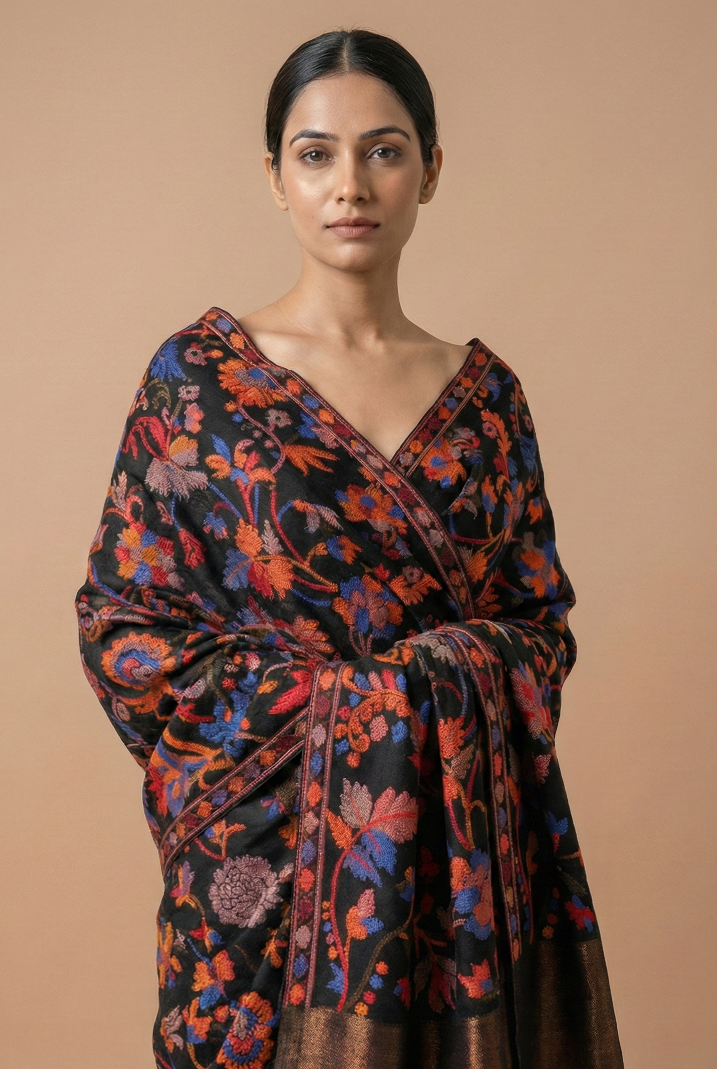 Black Floral Fine Wool Luxury Shawl
Draped – Tehlore