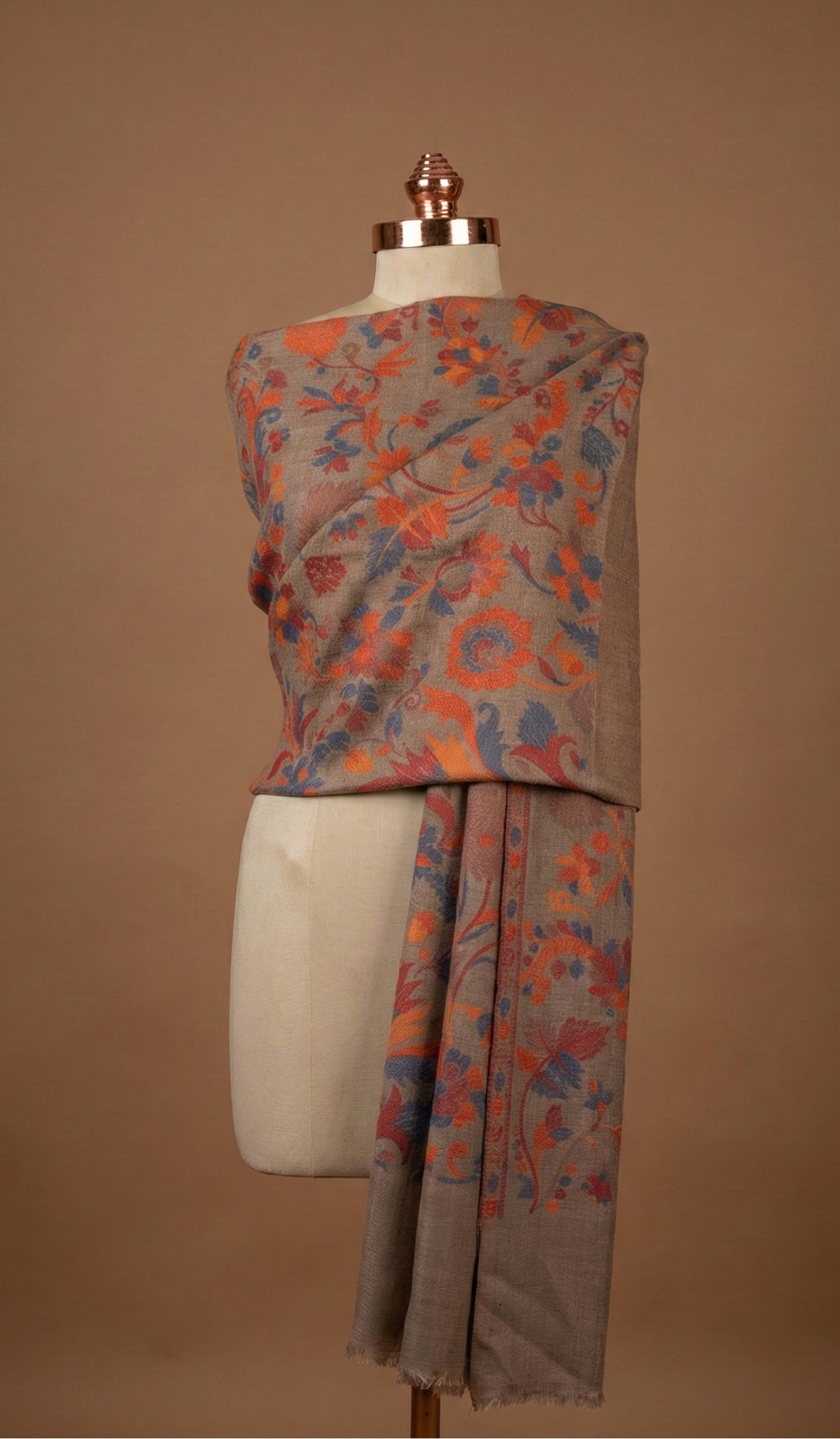 Beige Fine Wool Shawl - Elegant Floral Design Winter Wrap | Tehlore India