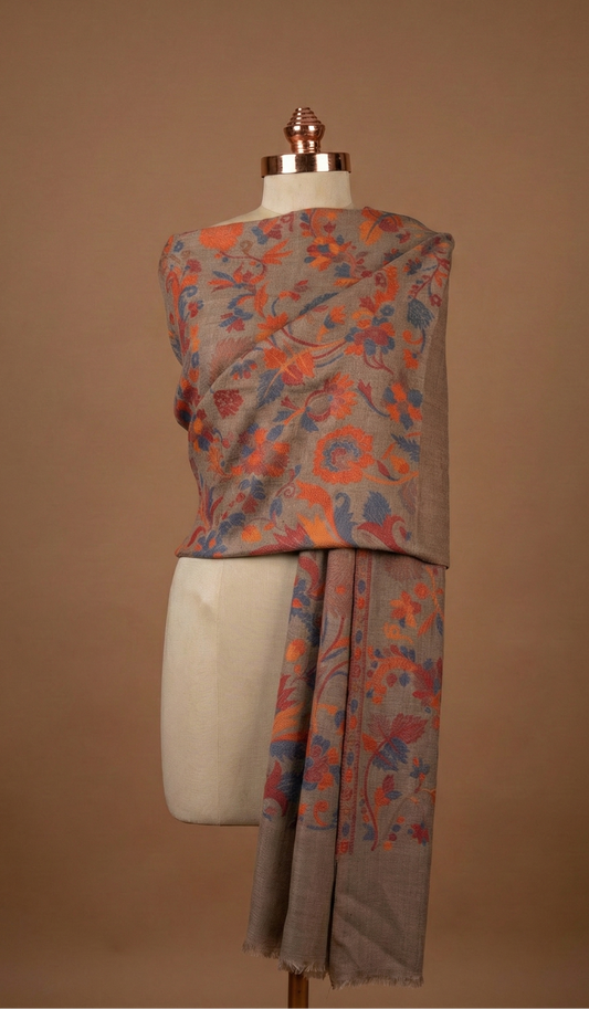 Beige Fine Wool Shawl - Elegant Floral Design Winter Wrap | Tehlore India