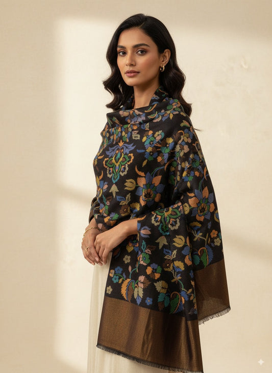 Woman wearing a Black Fine Wool Shawl – Woven Floral Design on a beige background