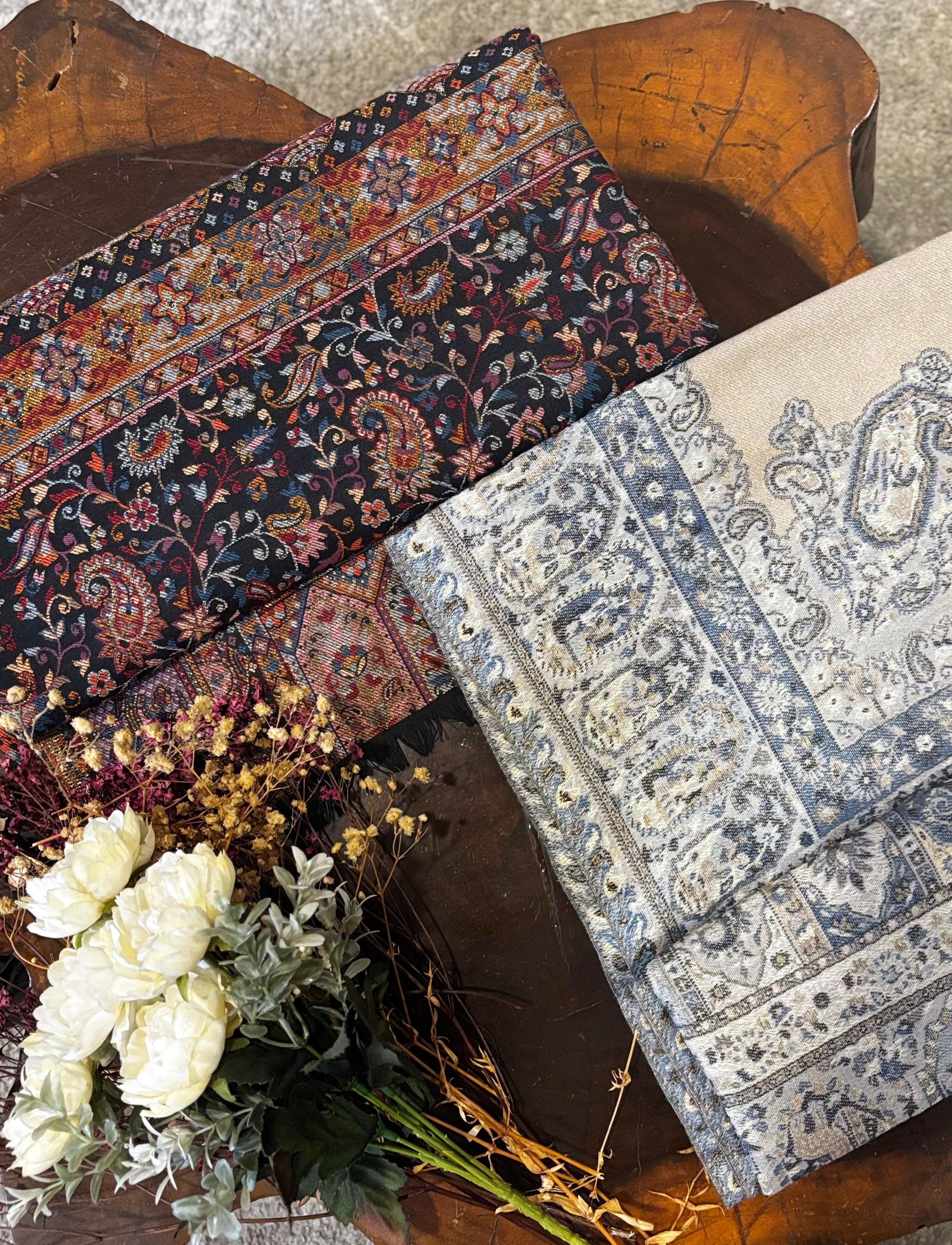 Black and grey kashmiri kaani shawl