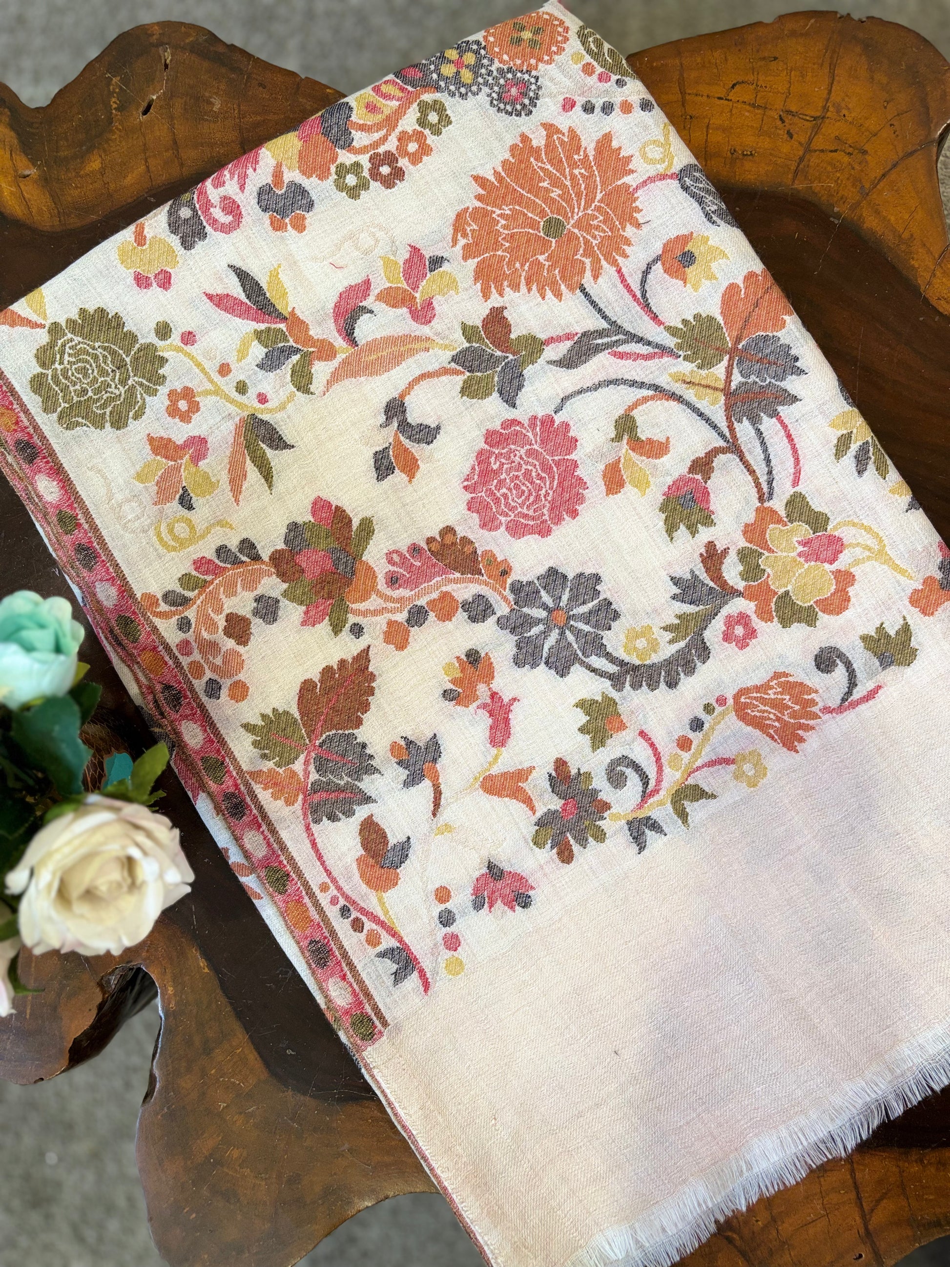 White Woven Floral Design Fine Wool Shawl