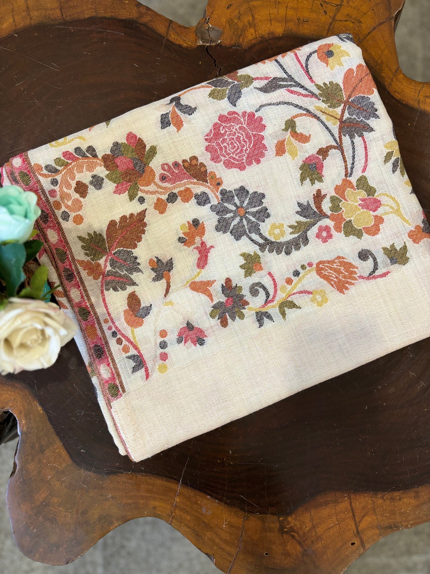 White Woven Floral Design Fine Wool Shawl