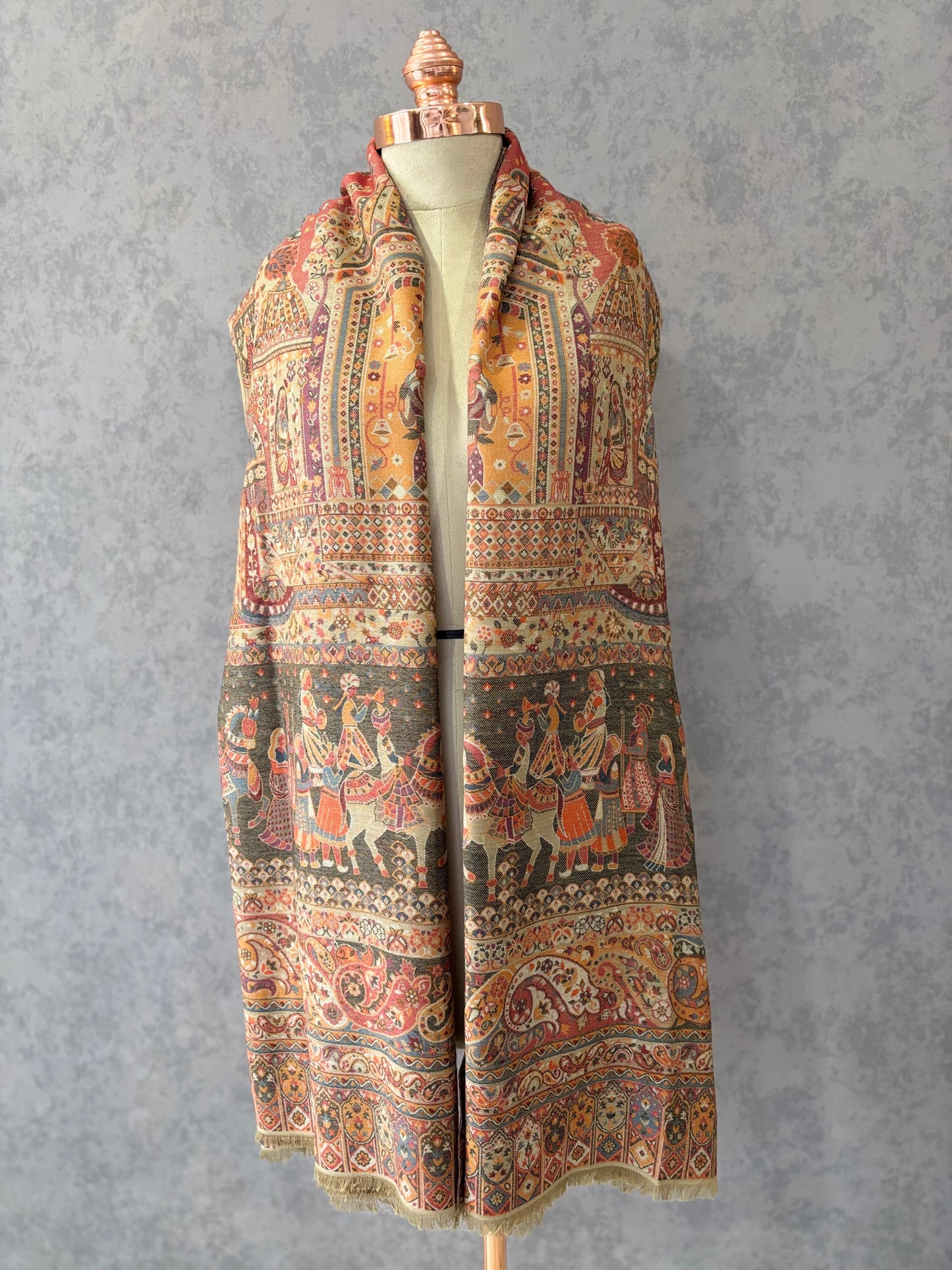 Beige Woven Kashmiri Kaani Design Wool Blend Shawl draped – Tehlore