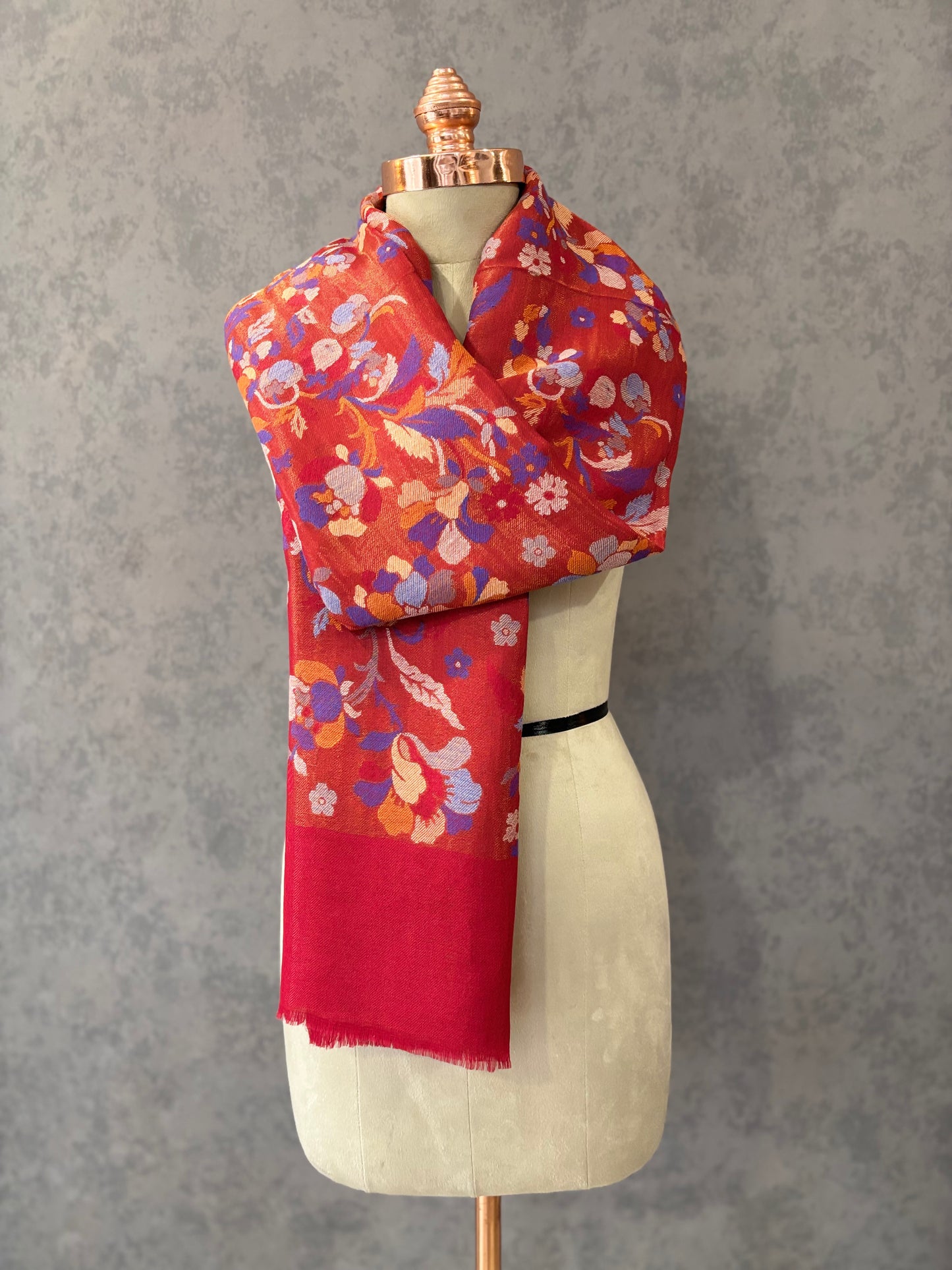 Red Woven Floral Design Fine Wool Shawl