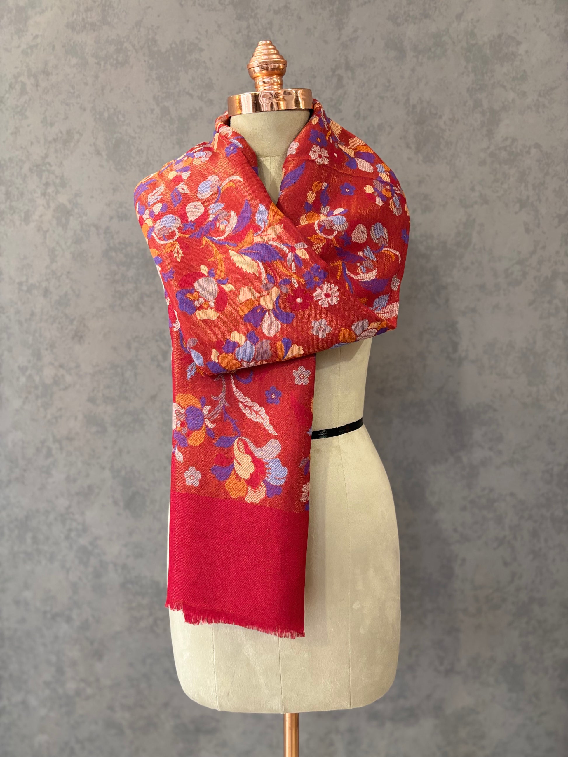Red Woven Floral Design Fine Wool Shawl