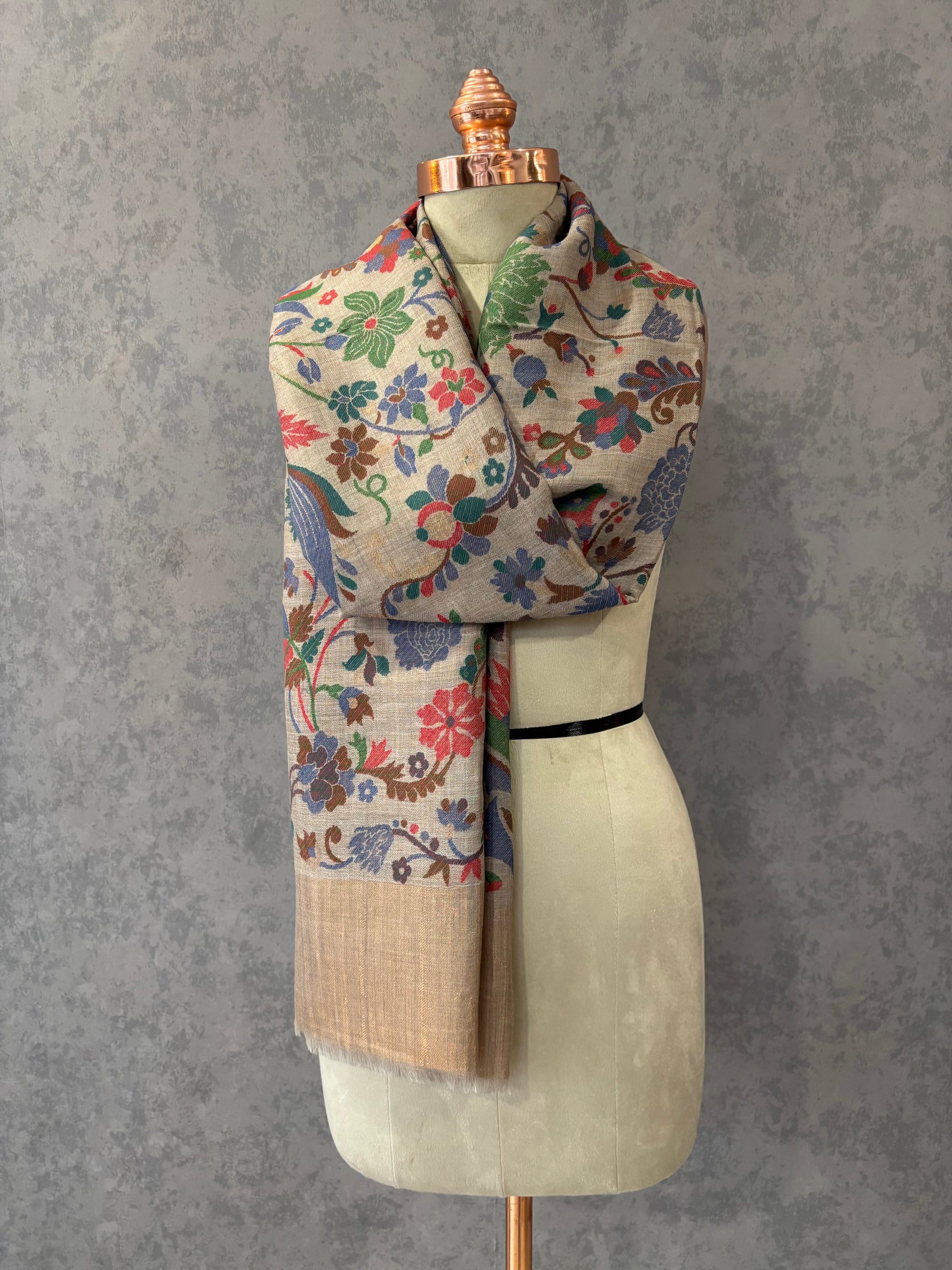 Beige Floral Fine Wool Shawl draped - Tehlore