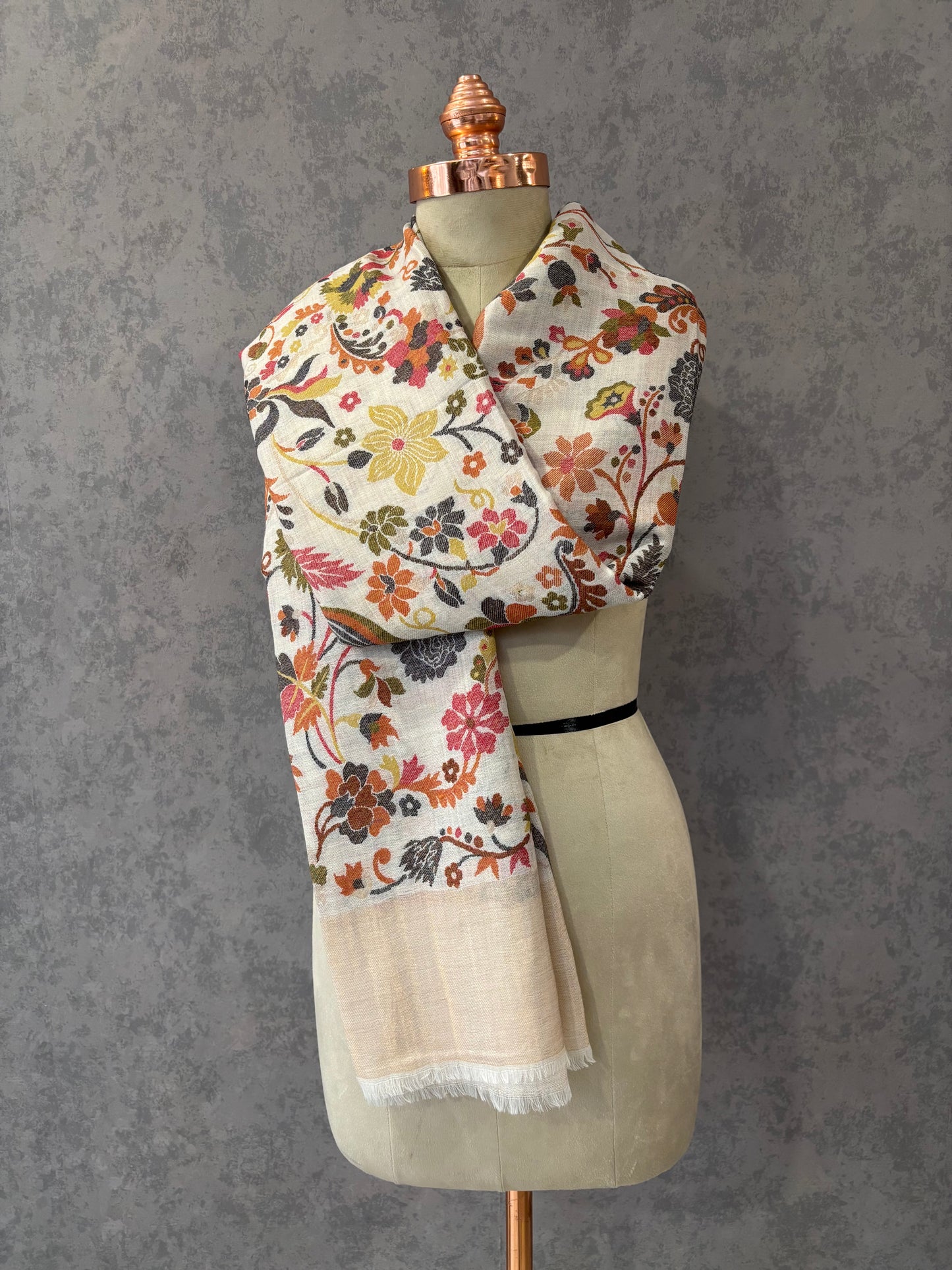 White Woven Floral Design Fine Wool Shawl