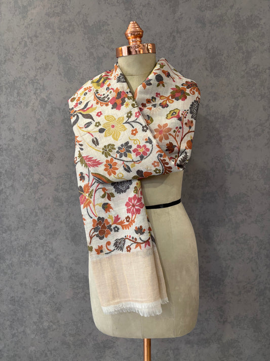 White Woven Floral Design Fine Wool Shawl