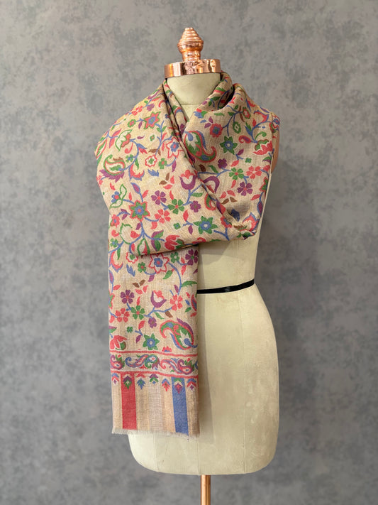 Beige floral kashmiri kaani wool shawl draped - Tehlore