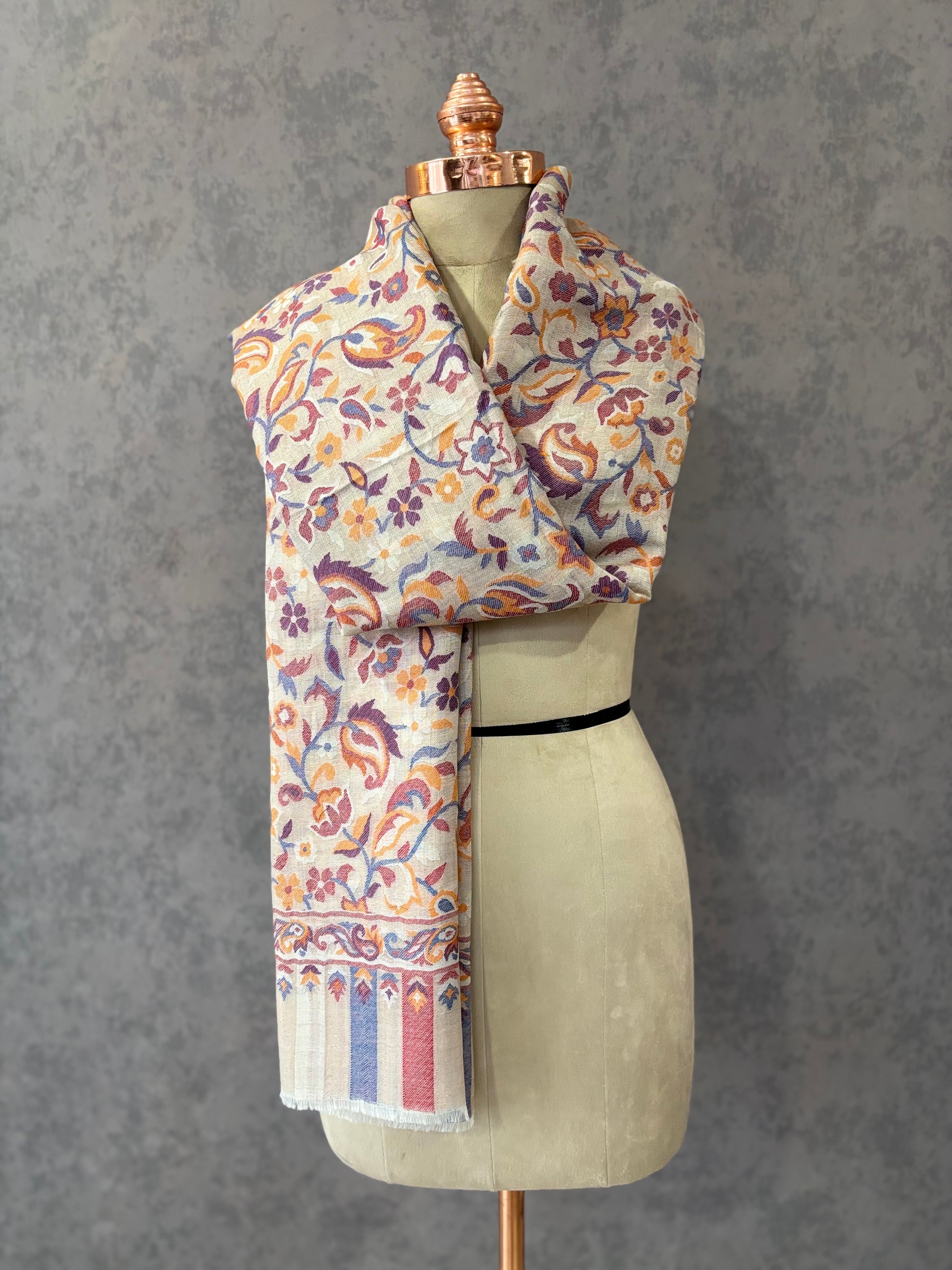 Beige Woven Floral Design Kashmiri Kaani Fine Wool Shawl