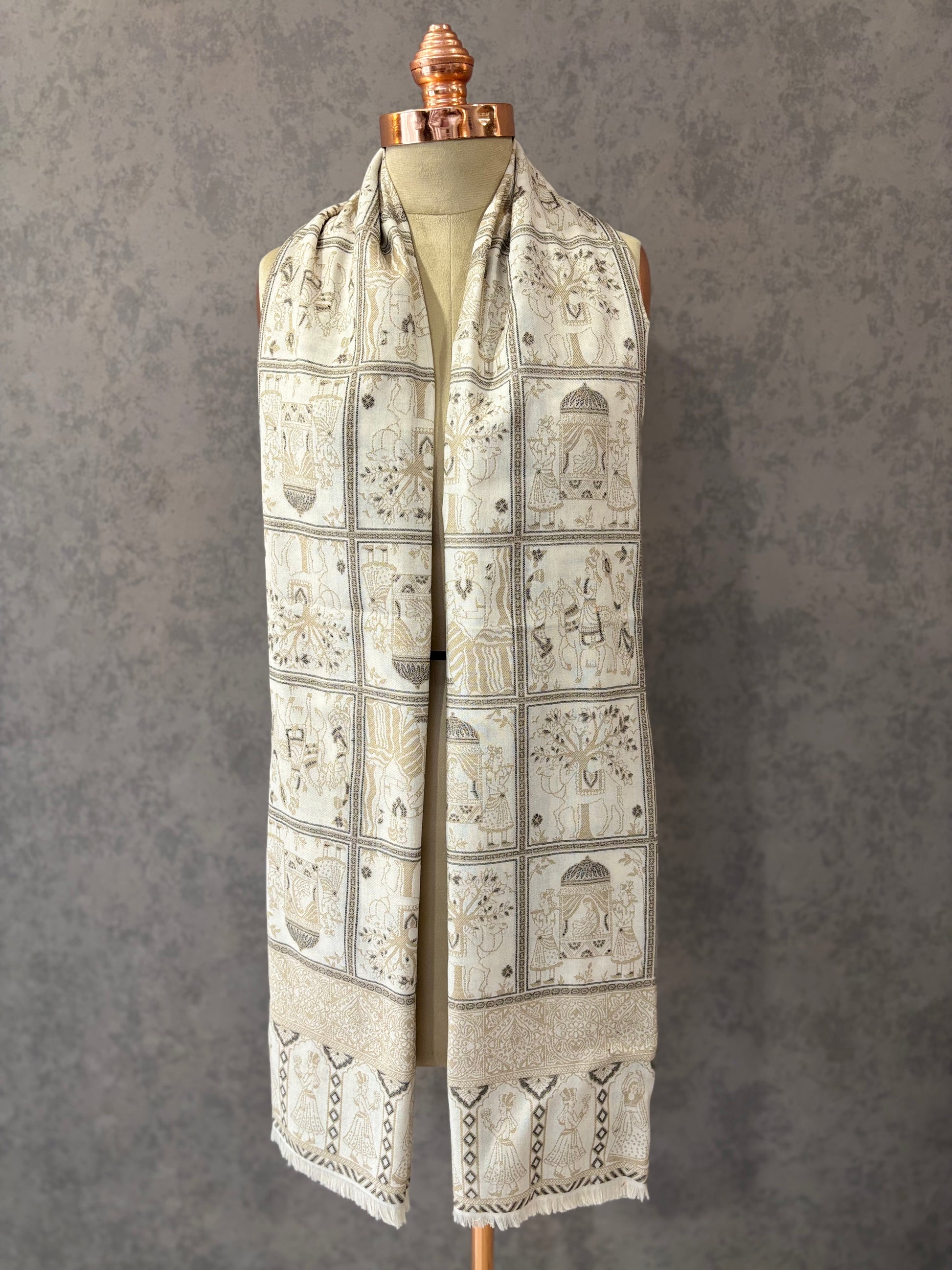 White Woven Wool Feel Darbar Motifs Shawl