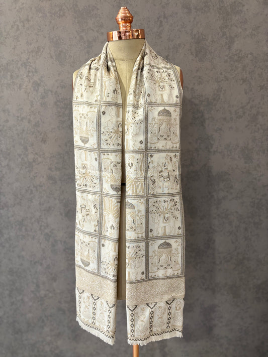 White Woven Wool Feel Darbar Motifs Shawl