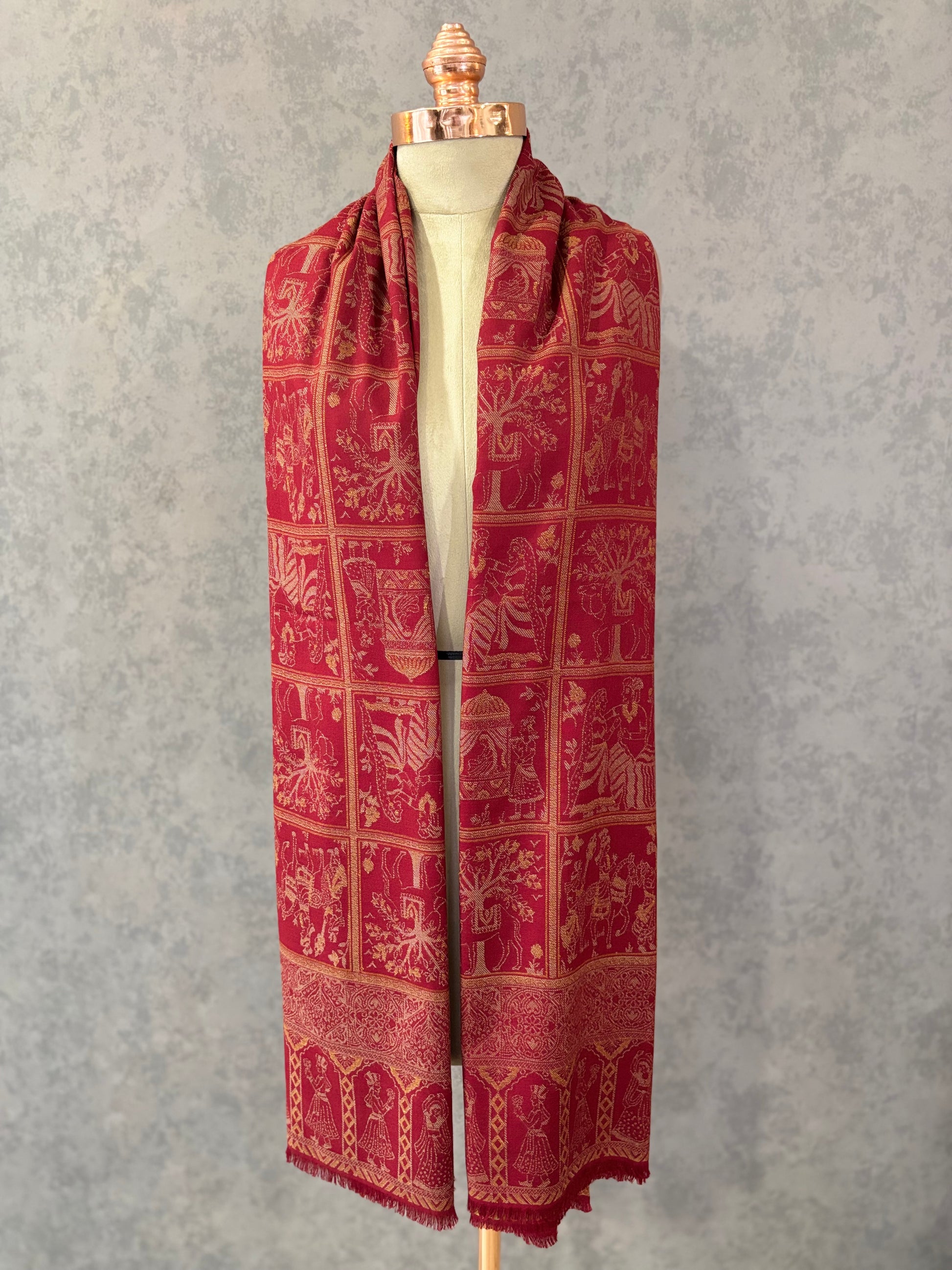 Maroon Woven Floral Design Wool Feel Darbar Shawl