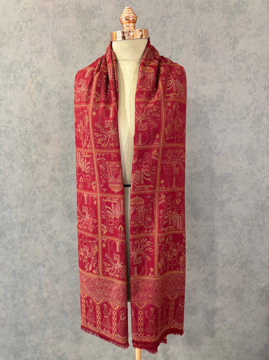 Maroon Woven Floral Design Wool Feel Darbar Shawl