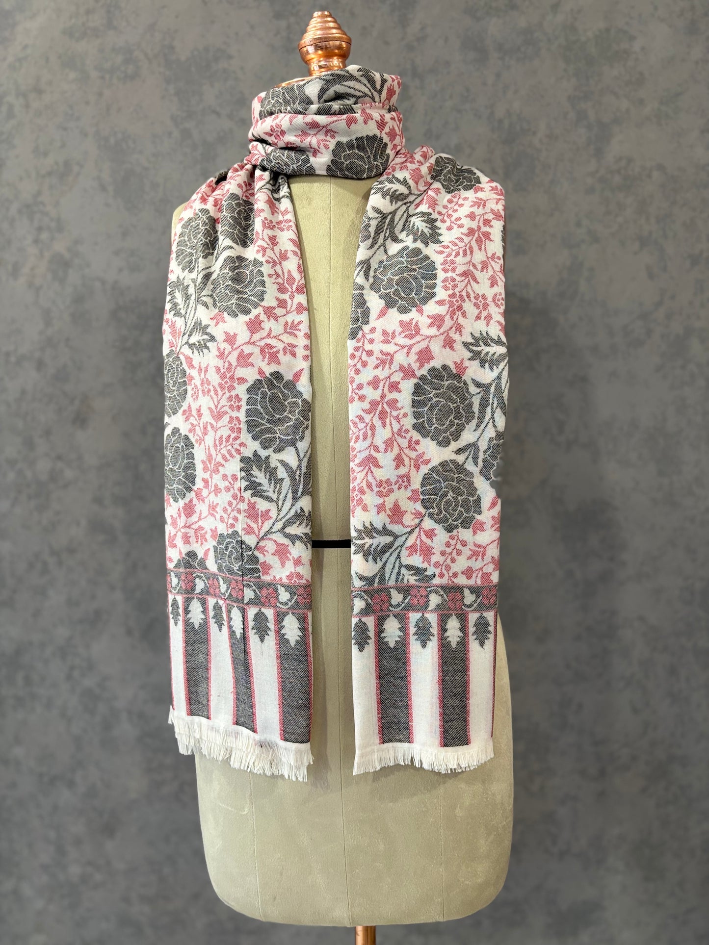 White Woven Floral Design Wool Feel Shawl