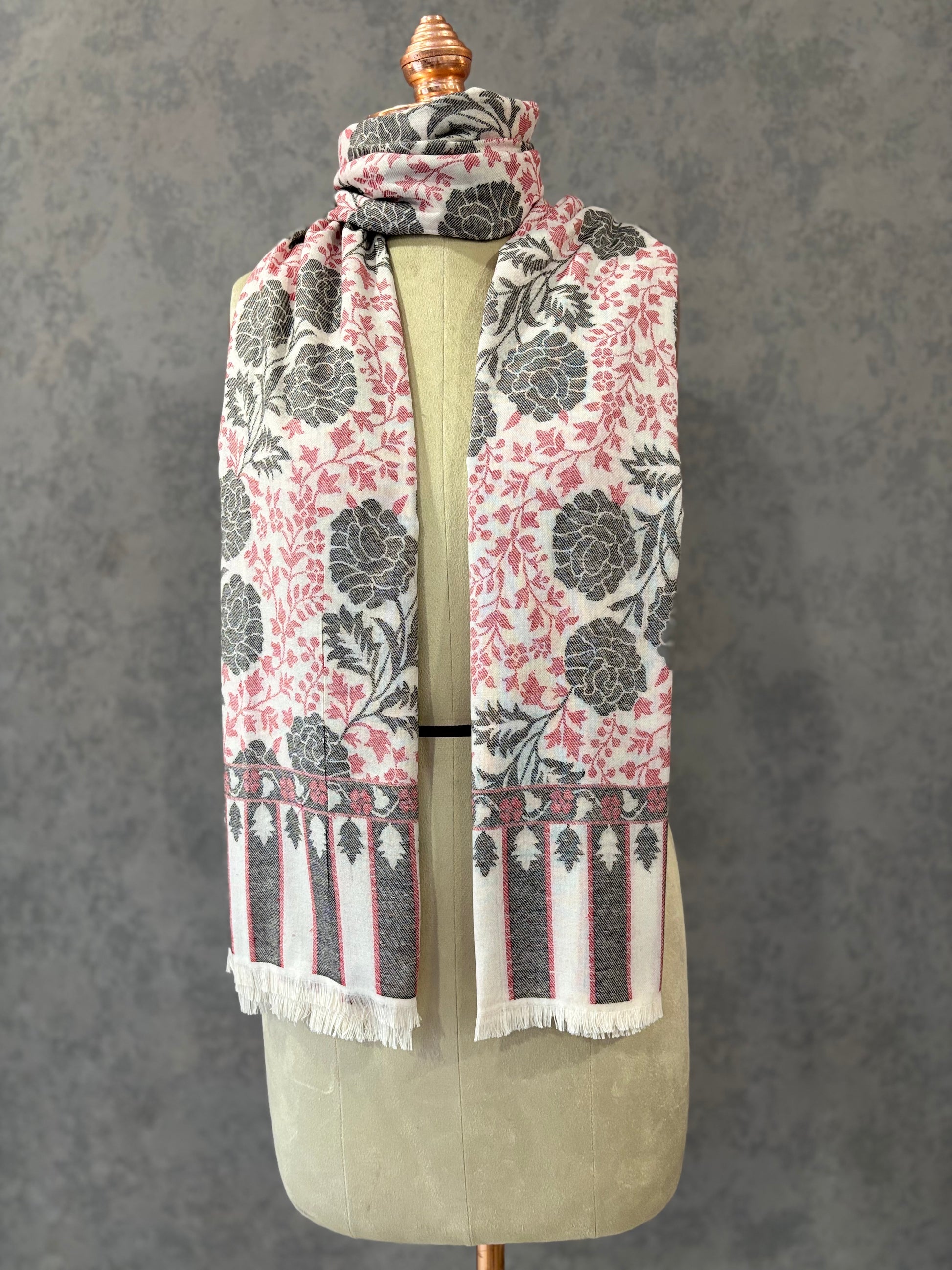 White Woven Floral Design Wool Feel Shawl
