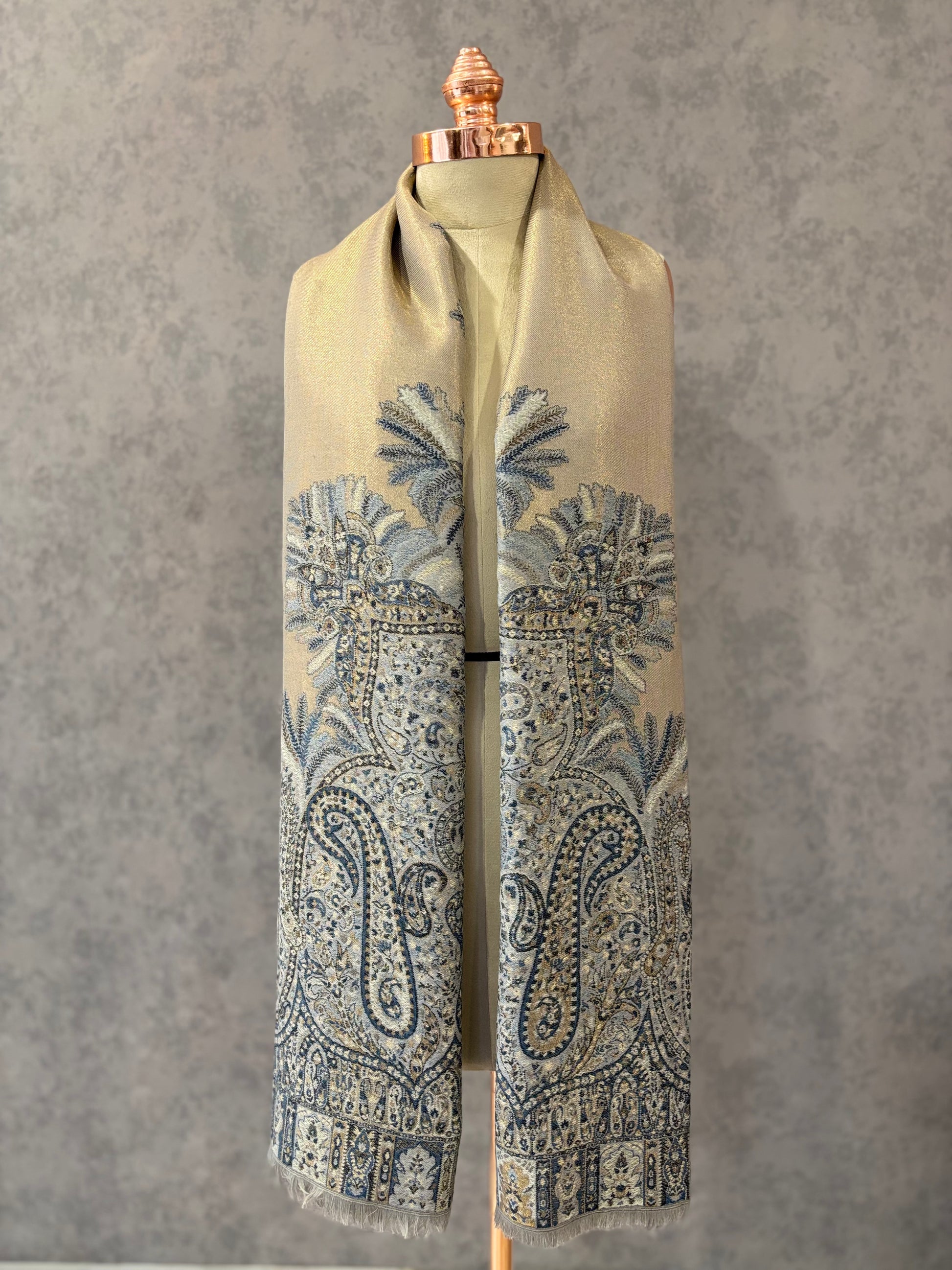 Grey Zari Woven Paisley Design Wool Shawl