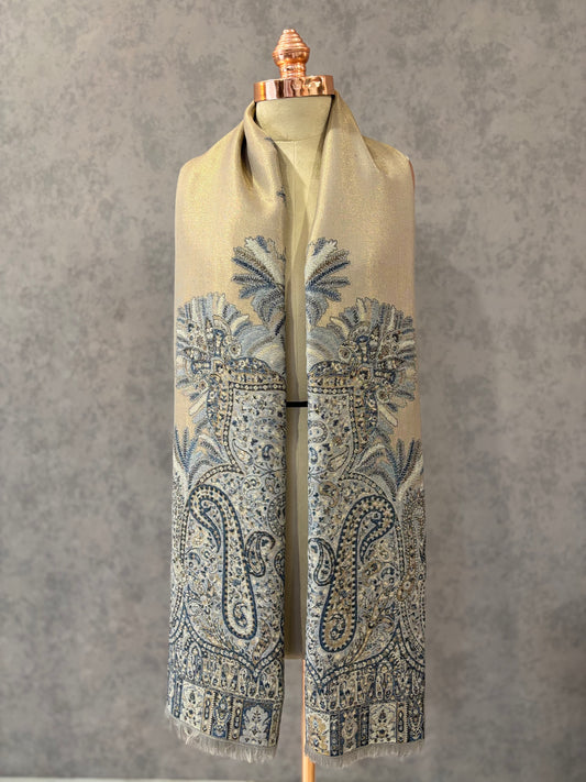 Grey Zari Woven Paisley Design Wool Shawl