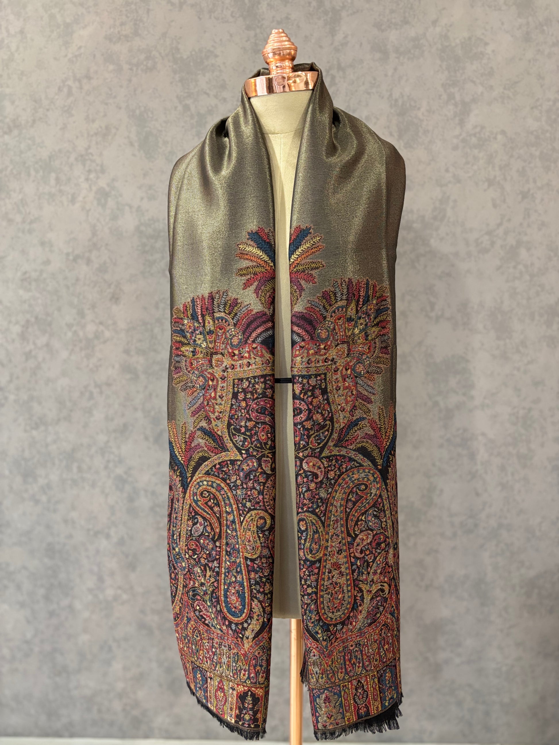 Black Zari Woven Paisley Design Wool Shawl