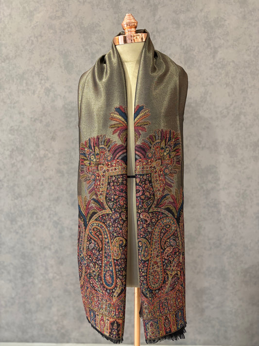 Black Zari Woven Paisley Design Wool Shawl