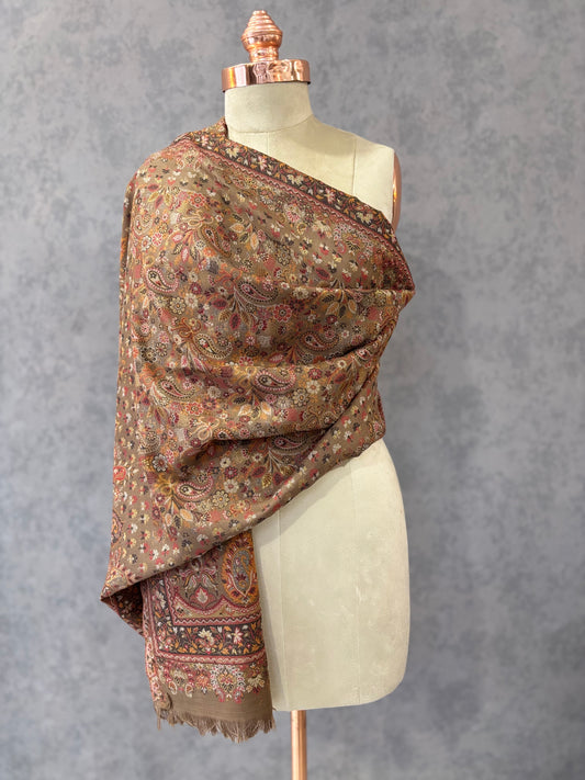 Beige Floral Wool Stole Draped - Tehlore