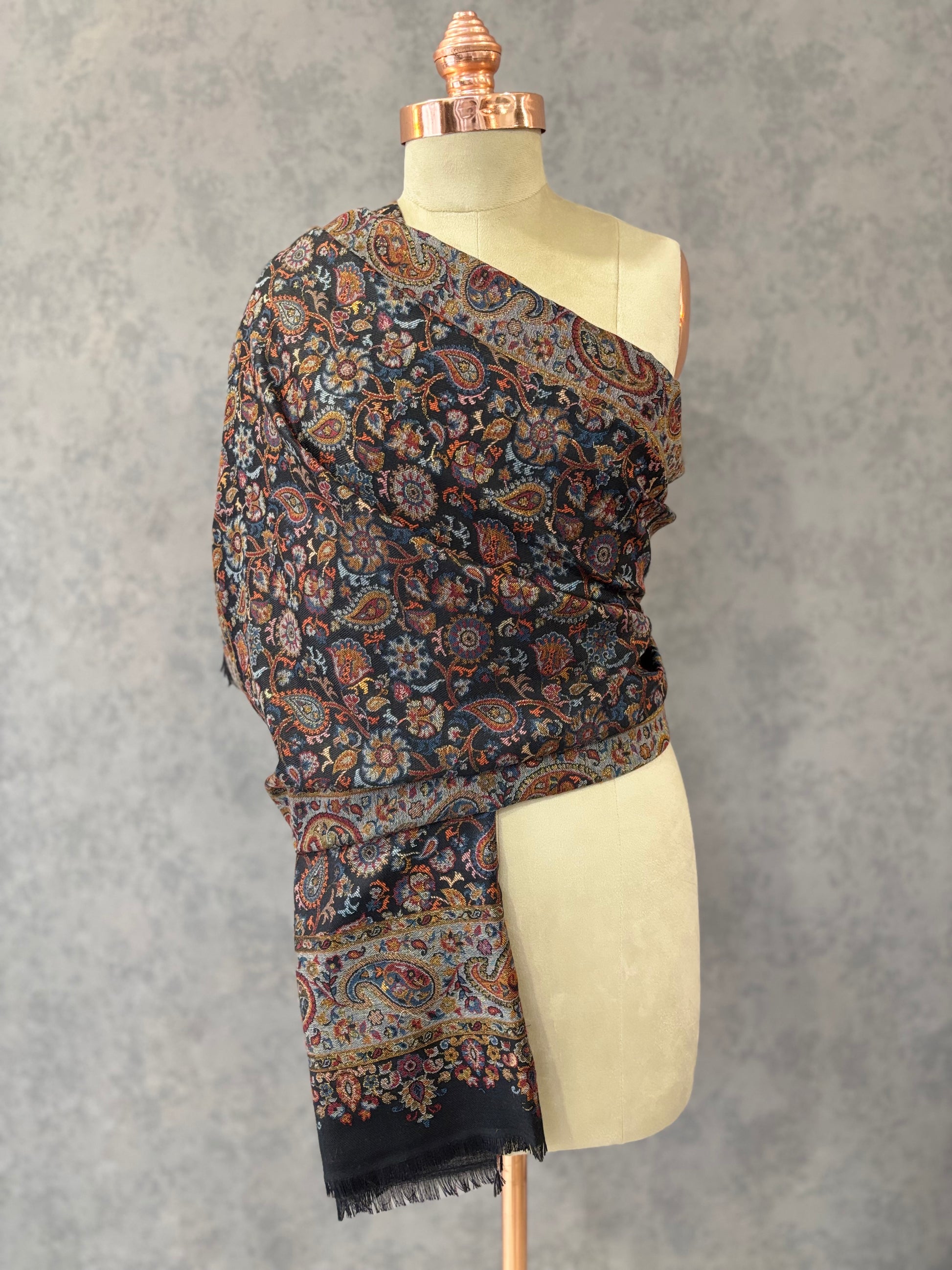 Black Woven Floral Design Kashmiri Kaani Wool Designer Stole - Tehlore