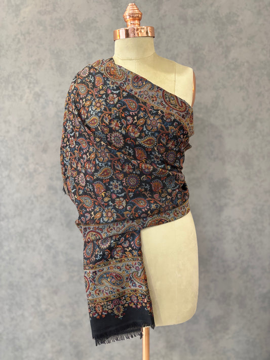 Black Woven Floral Design Kashmiri Kaani Wool Designer Stole - Tehlore