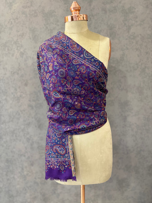 Purple Kashmiri Kaani Woven Floral Design Wool Blend Stole