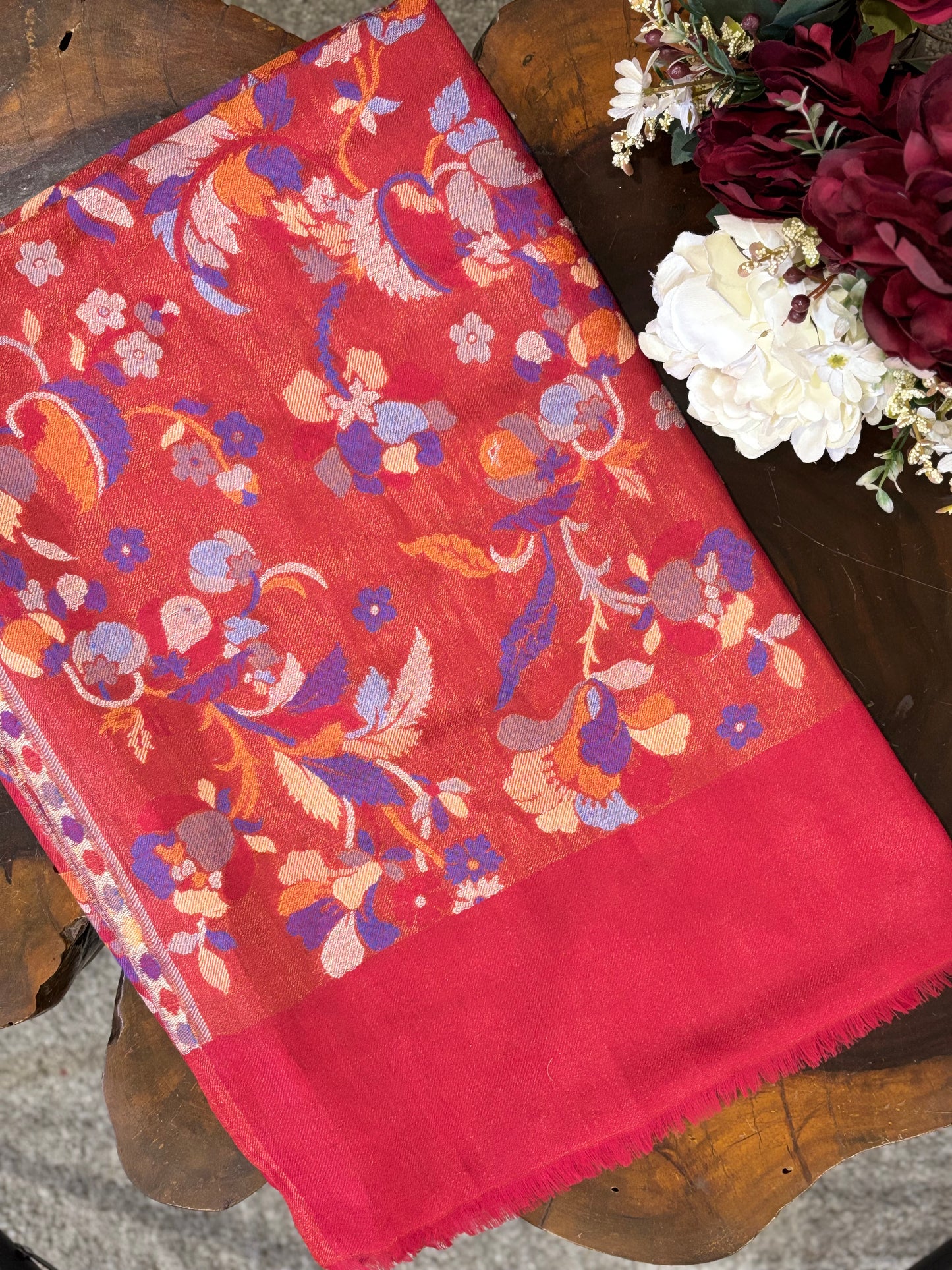 Red Woven Floral Design Fine Wool Shawl