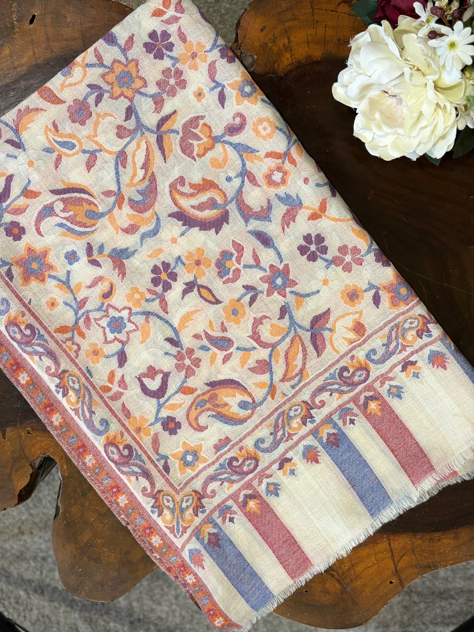 Beige Woven Floral Design Kashmiri Kaani Fine Wool Shawl