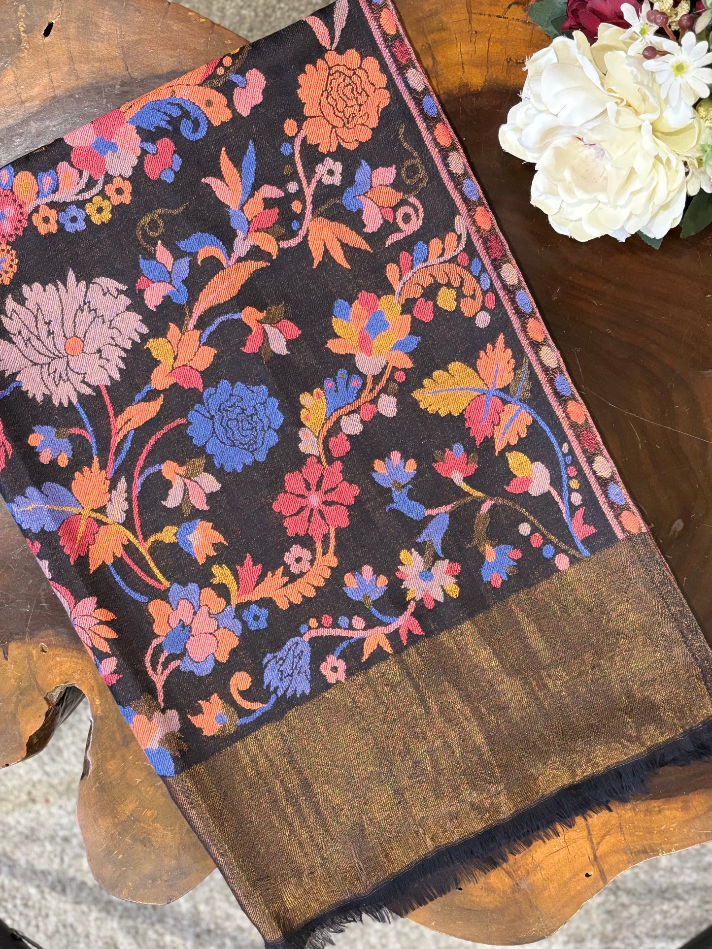 Black Woven Floral Design Fine Wool Designer Shawl with zari for weddings and gifting – Tehlore