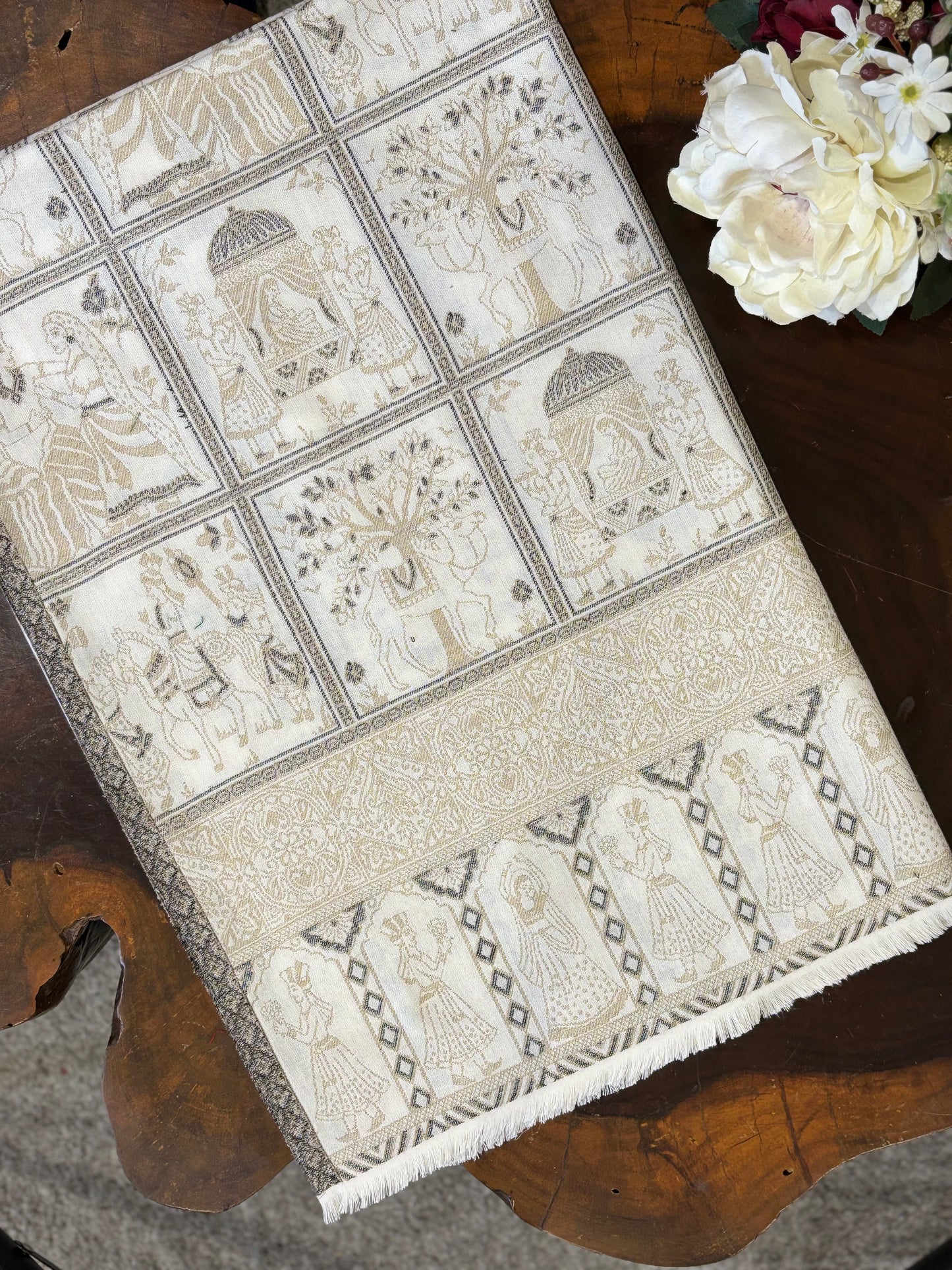 White Woven Wool Feel Darbar Motifs Shawl