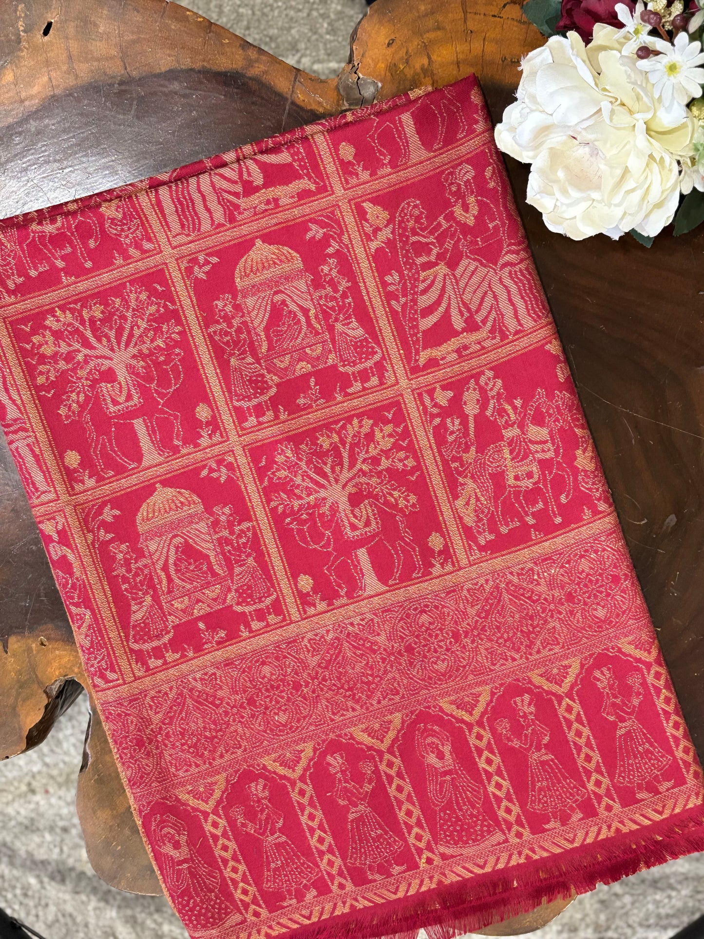 Maroon Woven Floral Design Wool Feel darbar Shawl