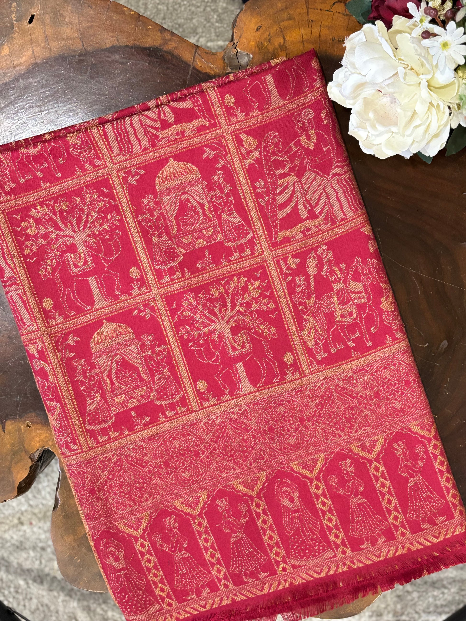 Maroon Woven Floral Design Wool Feel darbar Shawl