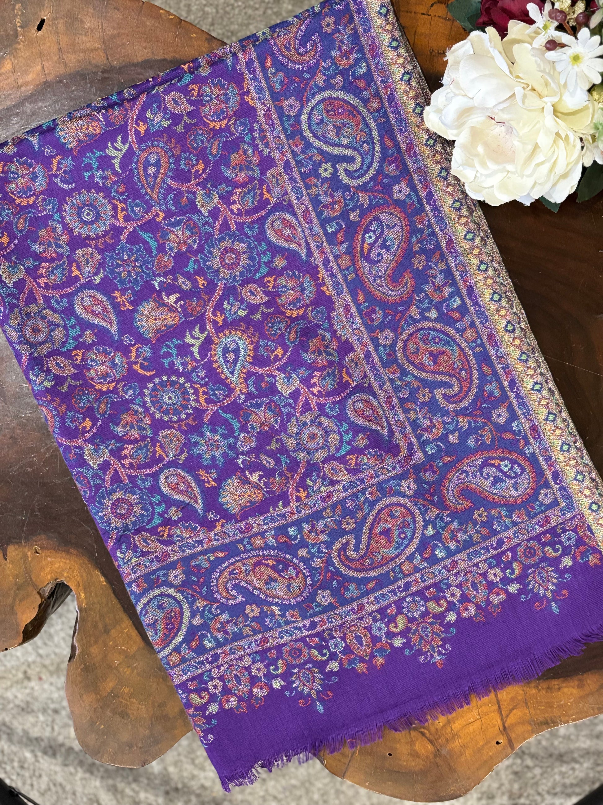 Purple Kashmiri Kaani Woven Floral Design Wool Blend Stole